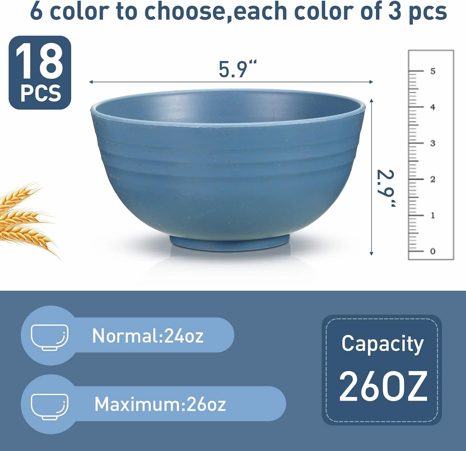 Geosar 18 Pcs Unbreakable Cereal Bowls 24 Oz Microwave and Dishwasher Safe Wheat Straw Fiber Lightweight Bowl for Soup Kitchen Serving Salad Dishes Oatmeal(Soft Colors)