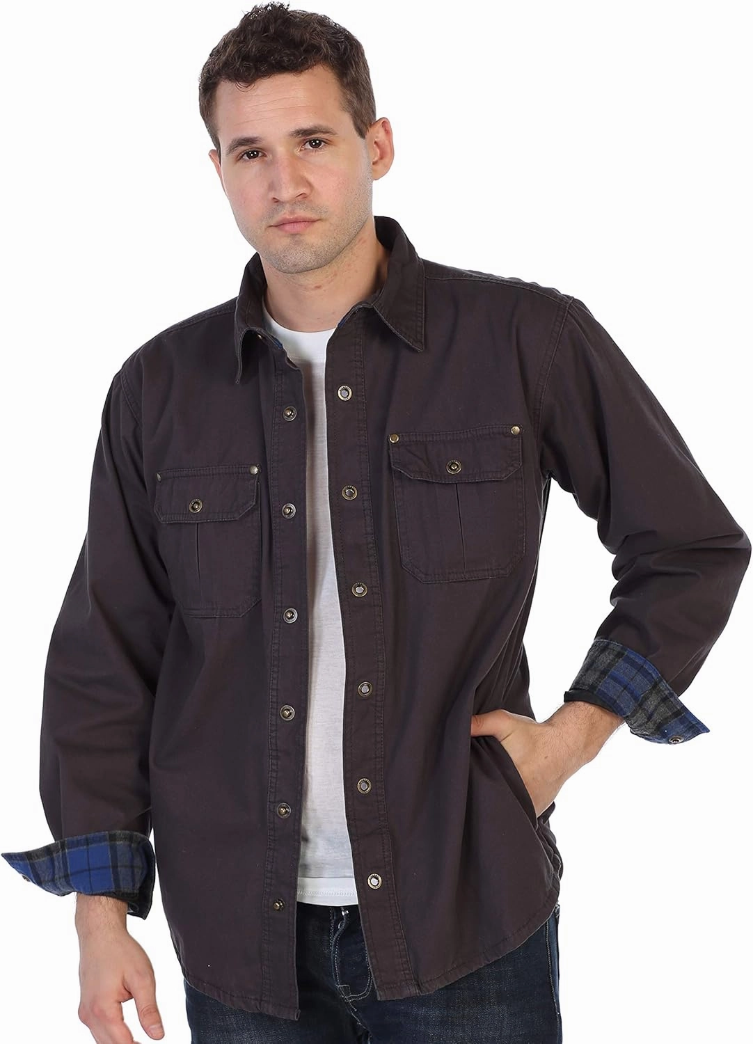 Gioberti Men's 100% Cotton Brushed and Soft Twill Shirt Jacket with Flannel Lining