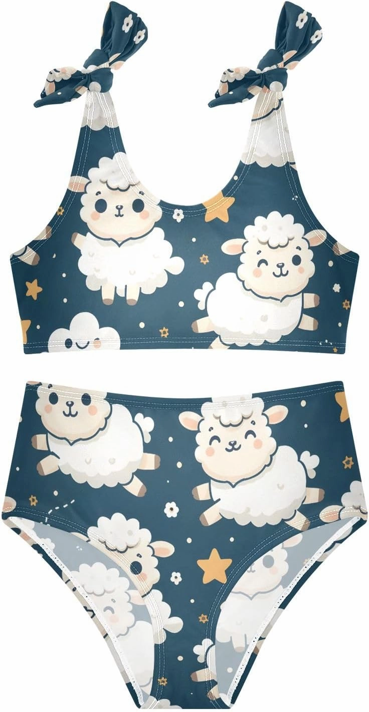 Girls' Bikini Set, Sheep Jumping Clouds Stars Kids Swimsuit 2 Pcs Beach Bathing Suit
