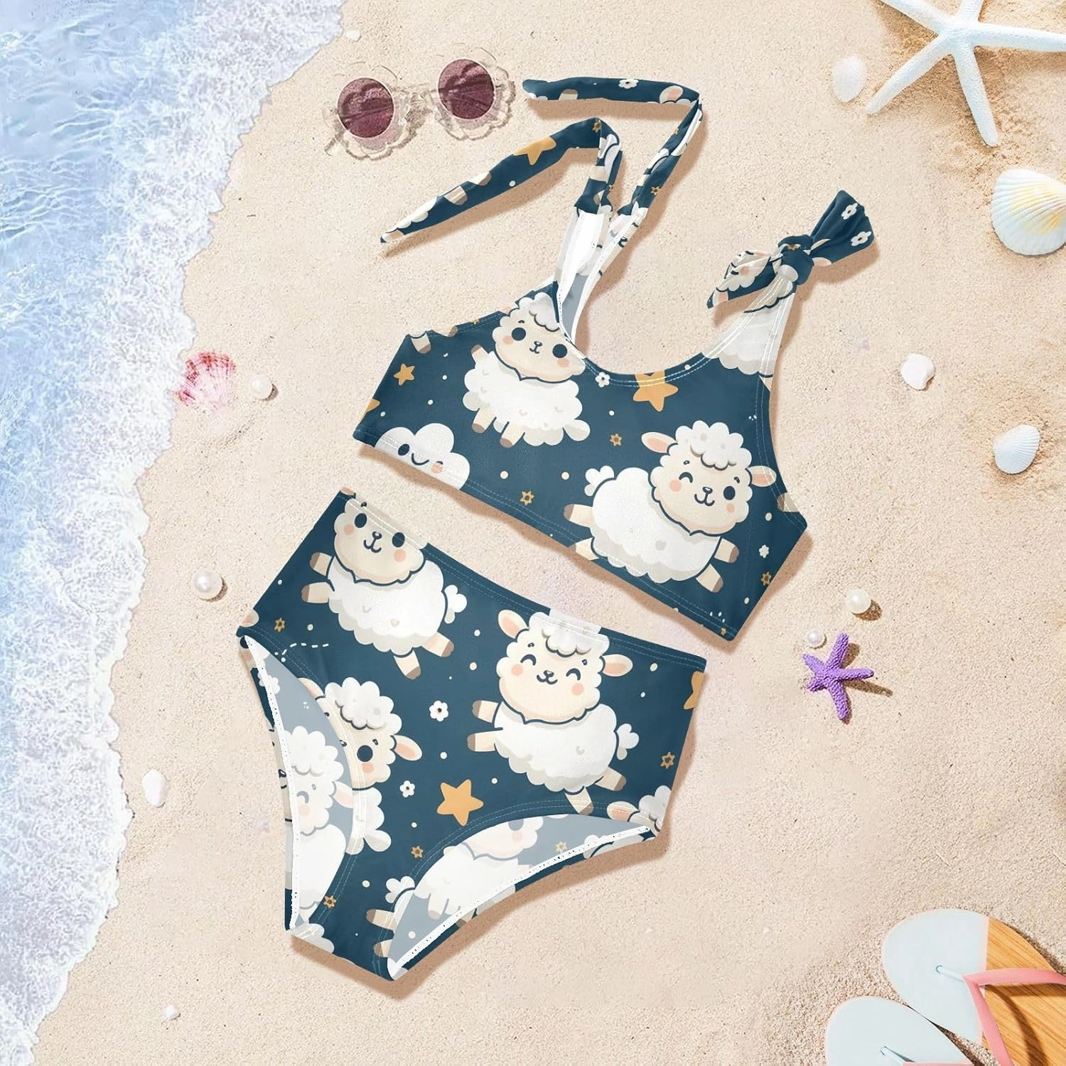 Girls' Bikini Set, Sheep Jumping Clouds Stars Kids Swimsuit 2 Pcs Beach Bathing Suit