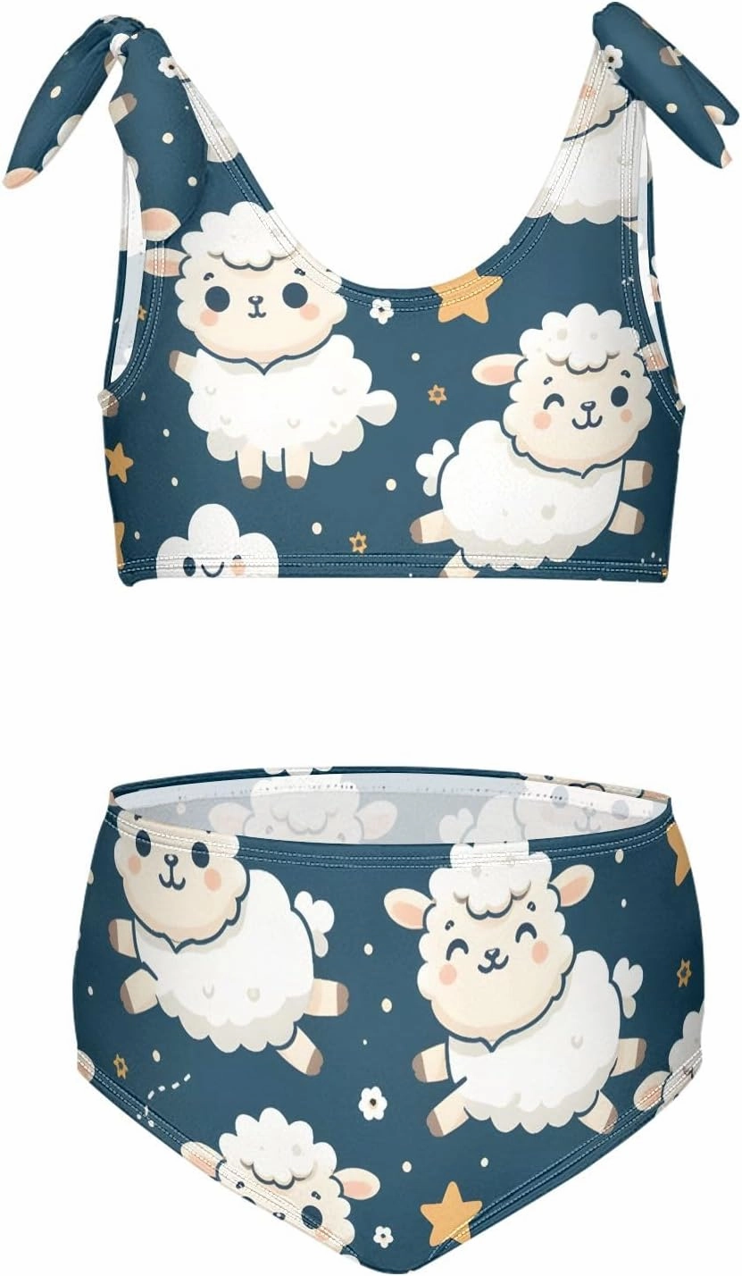 Girls' Bikini Set, Sheep Jumping Clouds Stars Kids Swimsuit 2 Pcs Beach Bathing Suit
