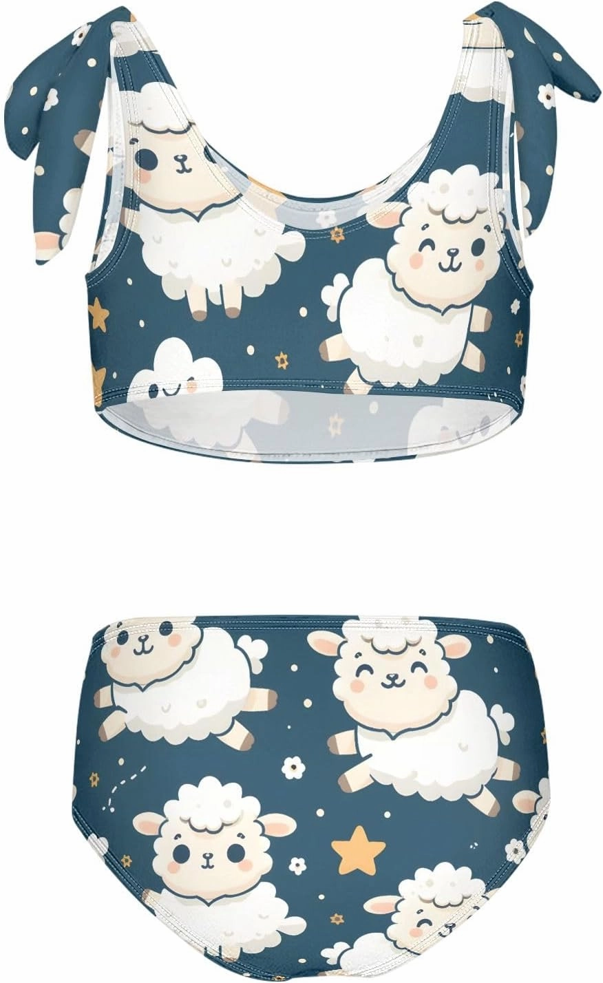 Girls' Bikini Set, Sheep Jumping Clouds Stars Kids Swimsuit 2 Pcs Beach Bathing Suit