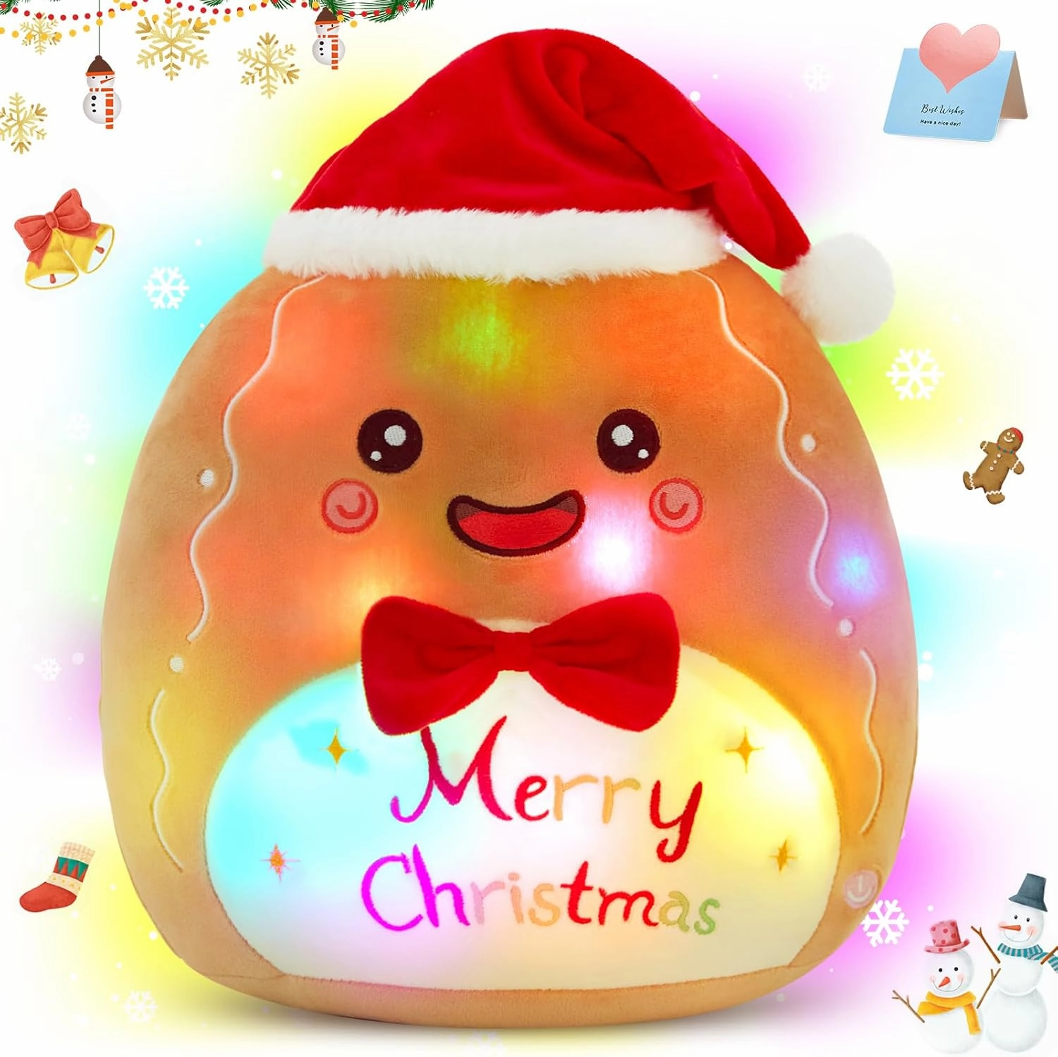 Glow Guards 12-inch Light up Gingerbread Man Plush Pillow, Soft Gingerbread Man Stuffed Animal Toy, LED Christmas Plush Stuffed Pillow Christmas Party Decoration Gift for Kids Boys and Girls