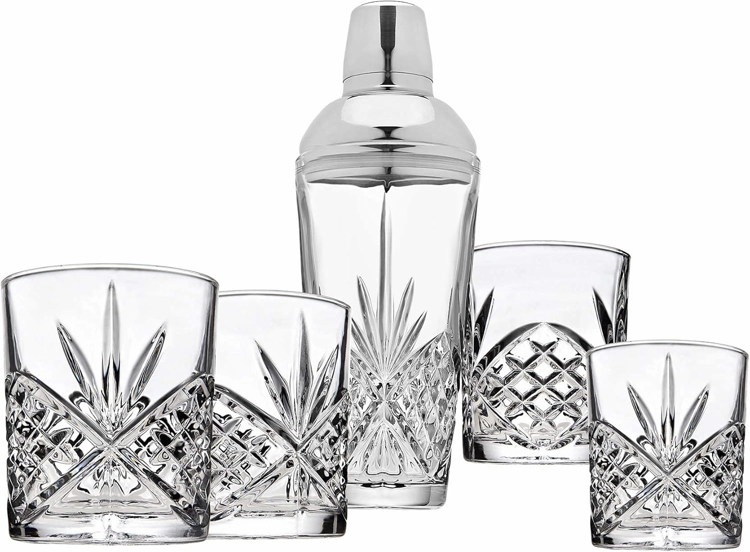Godinger Martini Shaker Cocktail Shaker with 4 Old Fashioned Whiskey Glasses Barware Set, Dublin Dollection