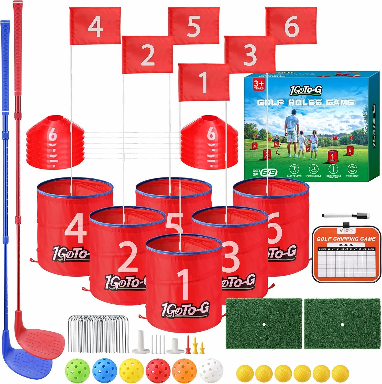 Golf Bucket Game, Backyard Golf Game for Kids and Adults - Portable 6 Holes Golf Course Play Outdoor, Lawn, Park, Beach, Yard, Camping with Club.
