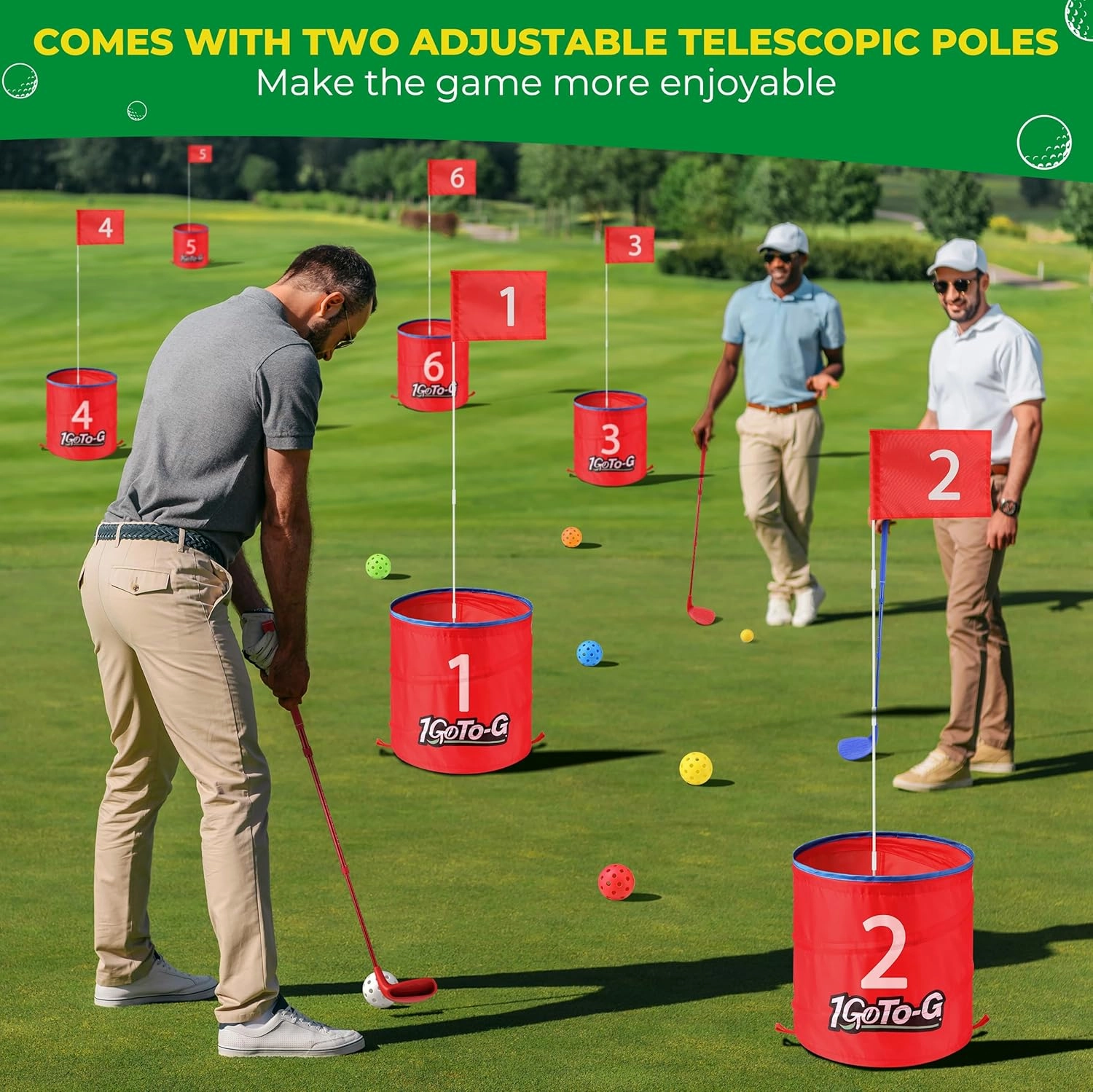 Golf Bucket Game, Backyard Golf Game for Kids and Adults - Portable 6 Holes Golf Course Play Outdoor, Lawn, Park, Beach, Yard, Camping with Club.