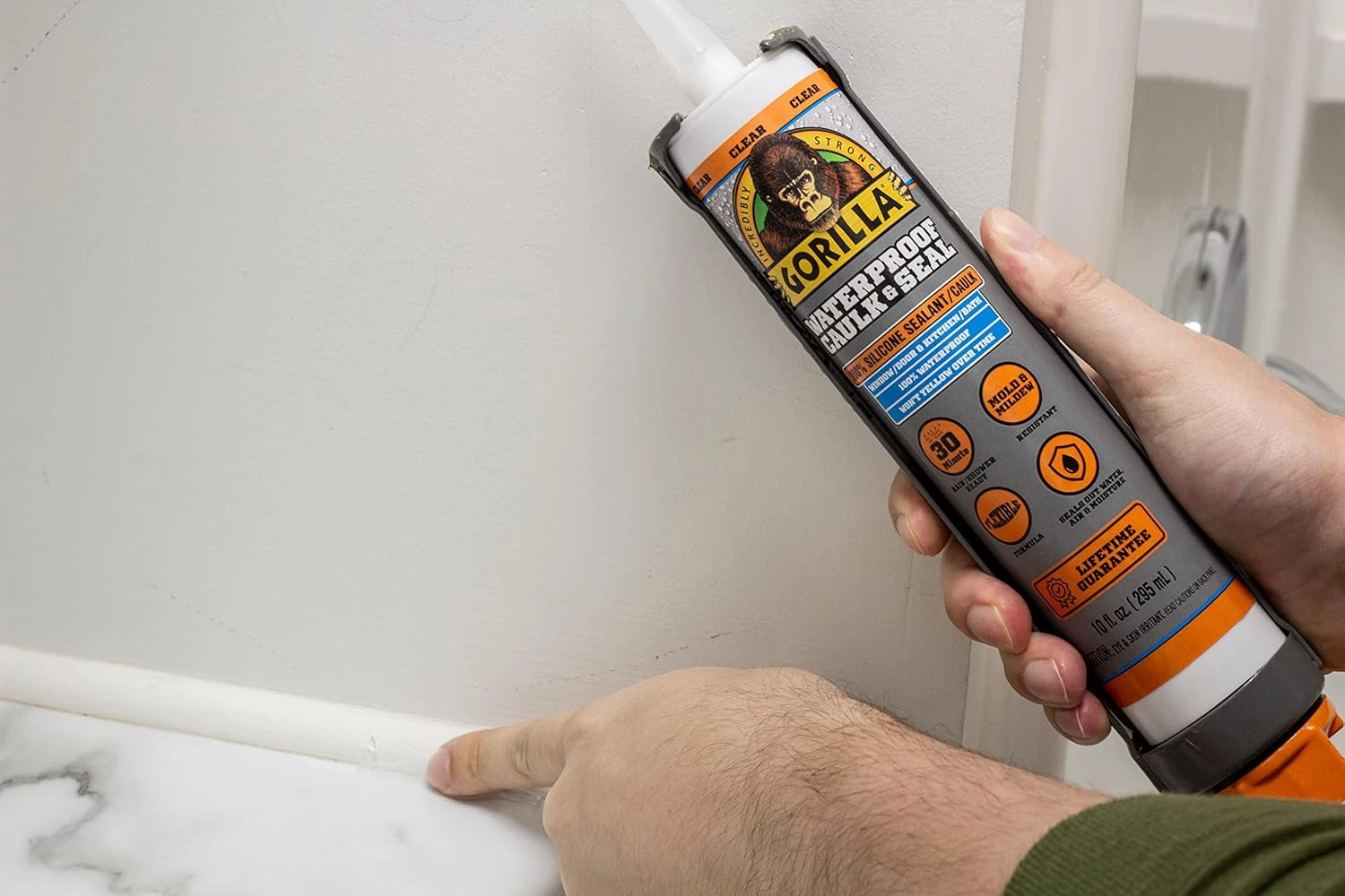 Gorilla Waterproof Caulk & Seal Silicone Sealant, 10Oz Cartridge (Pack of 2) - Clear Caulking Sealant for Kitchen, Window, Bath, Marine, Door and More
