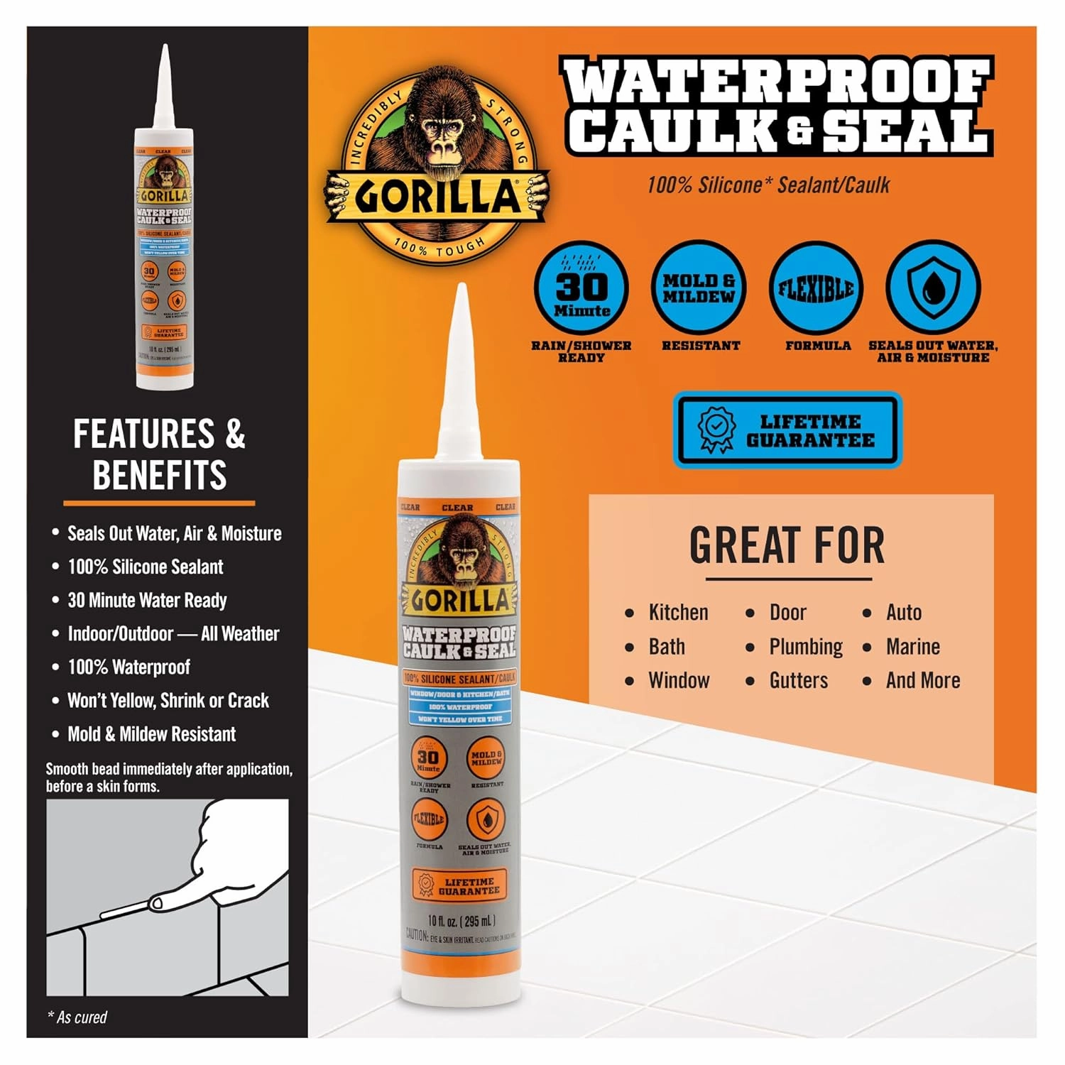 Gorilla Waterproof Caulk & Seal Silicone Sealant, 10Oz Cartridge (Pack of 2) - Clear Caulking Sealant for Kitchen, Window, Bath, Marine, Door and More