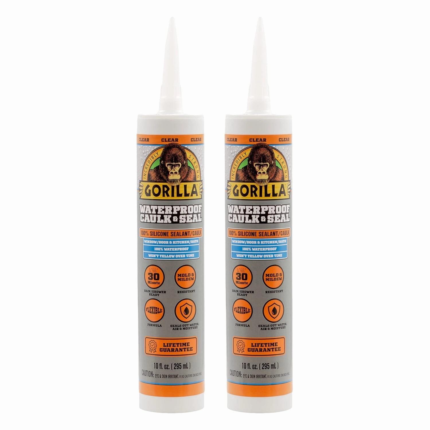 Gorilla Waterproof Caulk & Seal Silicone Sealant, 10Oz Cartridge (Pack of 2) - Clear Caulking Sealant for Kitchen, Window, Bath, Marine, Door and More