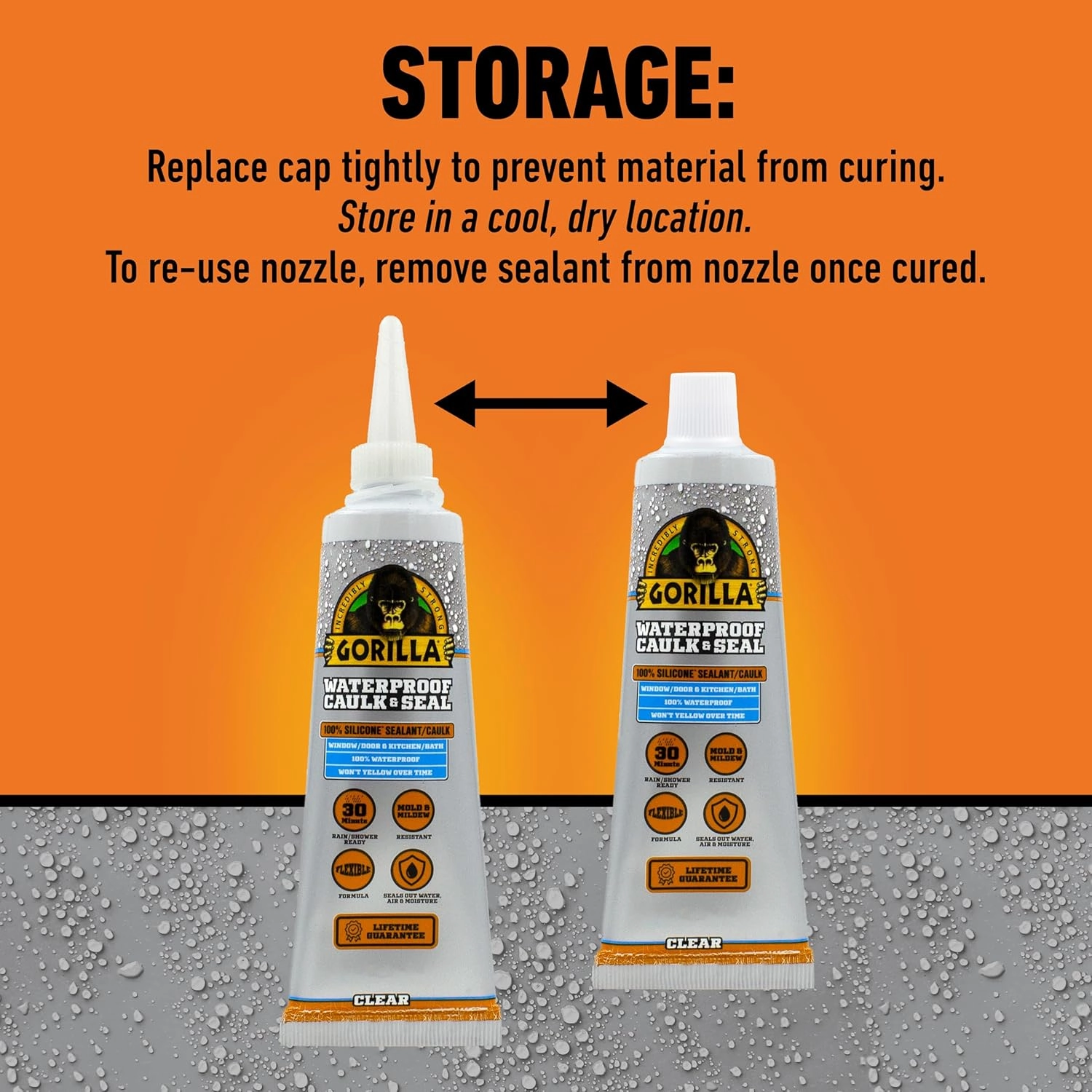Gorilla Waterproof Caulk & Seal Silicone Sealant, 2.8oz Squeeze Tube (Pack of 2) - Clear Caulking Sealant for Kitchen, Window, Bath, Marine, Door and More