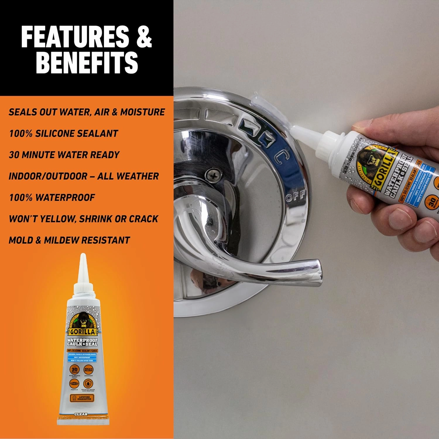 Gorilla Waterproof Caulk & Seal Silicone Sealant, 2.8oz Squeeze Tube (Pack of 2) - Clear Caulking Sealant for Kitchen, Window, Bath, Marine, Door and More