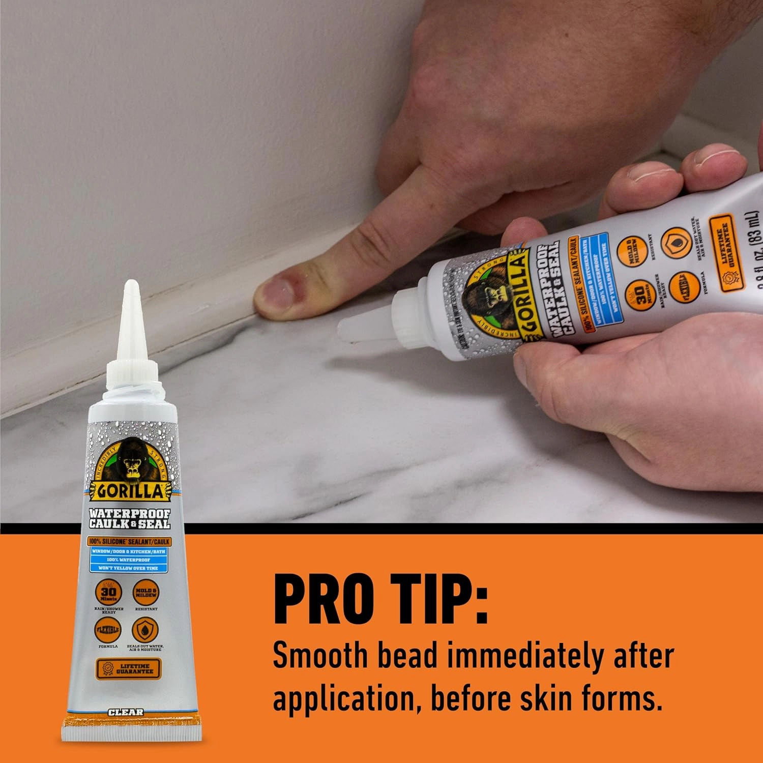 Gorilla Waterproof Caulk & Seal Silicone Sealant, 2.8oz Squeeze Tube (Pack of 2) - Clear Caulking Sealant for Kitchen, Window, Bath, Marine, Door and More
