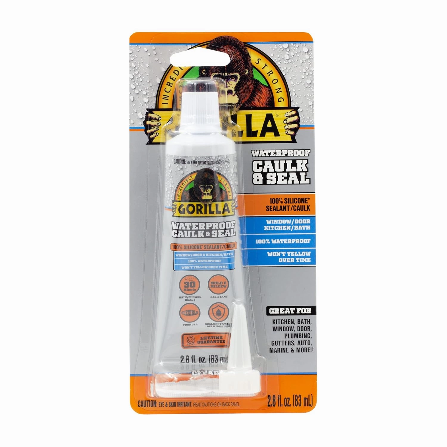 Gorilla Waterproof Caulk & Seal Silicone Sealant, 2.8oz Squeeze Tube (Pack of 2) - Clear Caulking Sealant for Kitchen, Window, Bath, Marine, Door and More