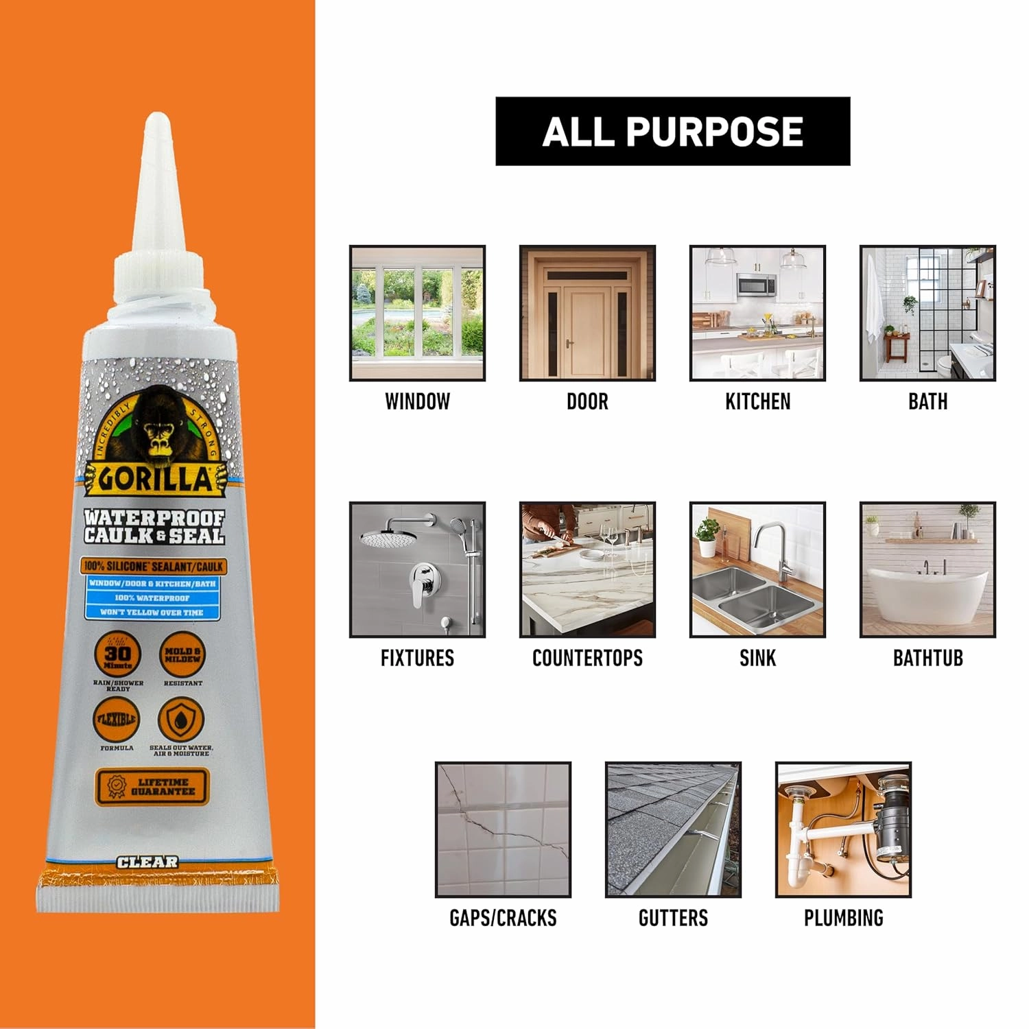 Gorilla Waterproof Caulk & Seal Silicone Sealant, 2.8oz Squeeze Tube (Pack of 2) - Clear Caulking Sealant for Kitchen, Window, Bath, Marine, Door and More