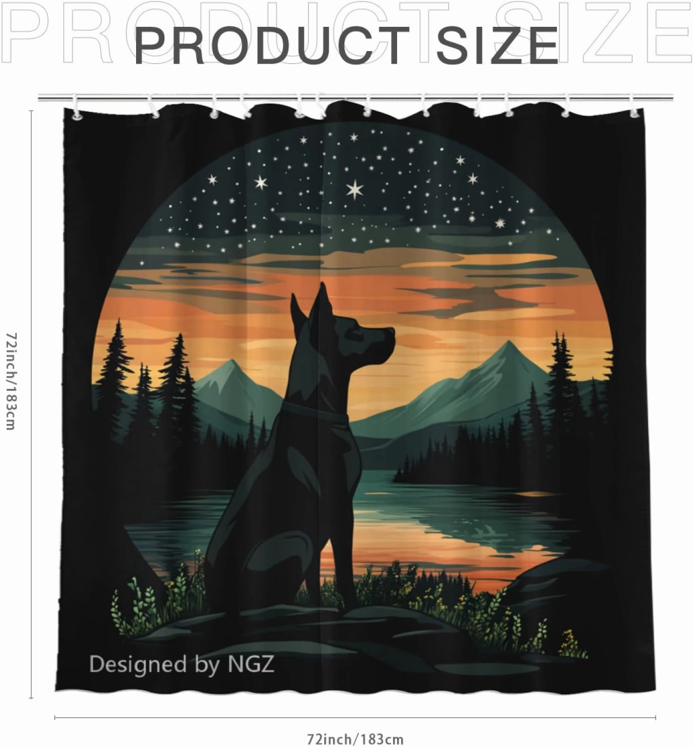 Great Dane Sunset Shower Curtain 72 x 72 Inches, Mountain Forest and Galaxy Landscape Art Shower Curtain Set with 12 Hooks for Bathroom Decor