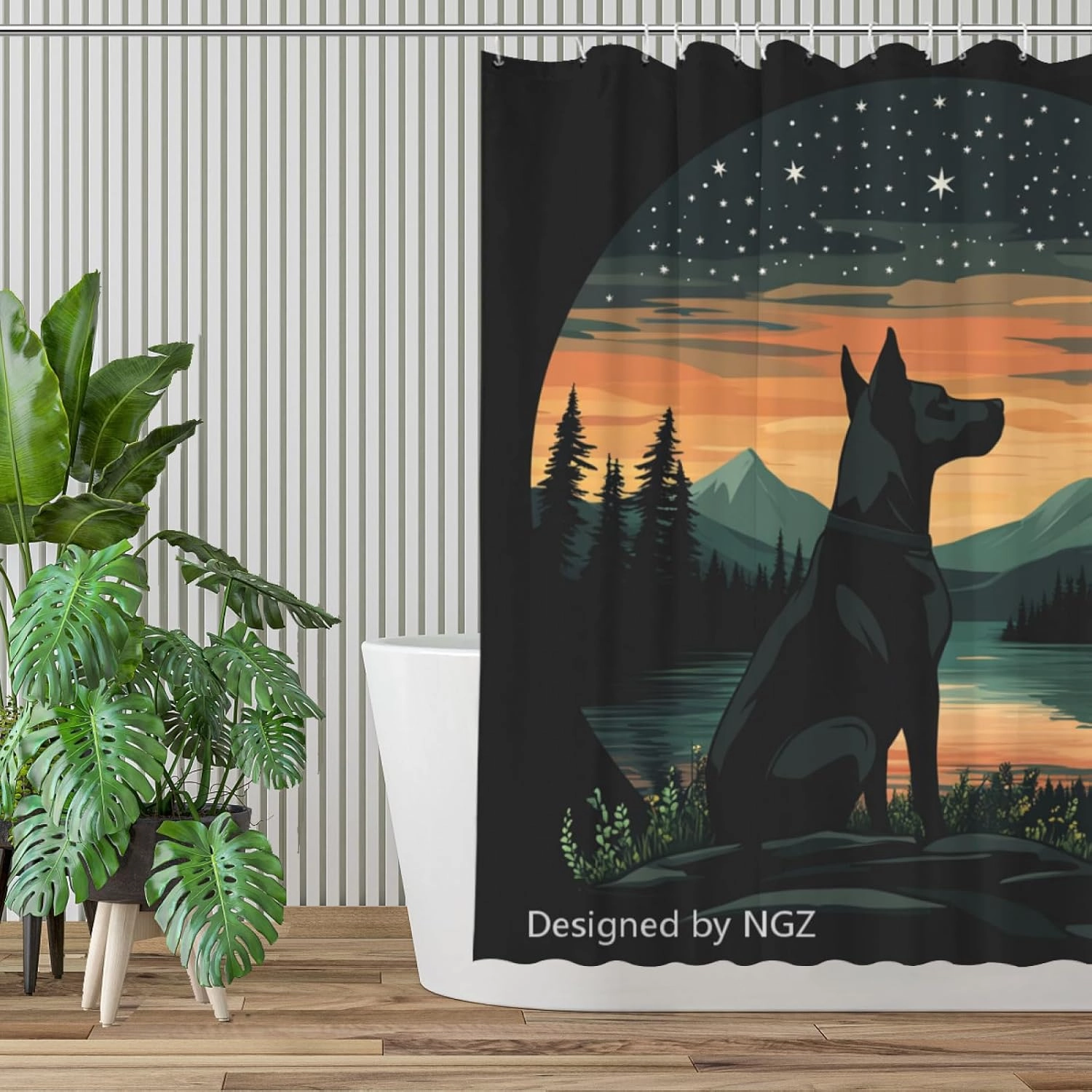 Great Dane Sunset Shower Curtain 72 x 72 Inches, Mountain Forest and Galaxy Landscape Art Shower Curtain Set with 12 Hooks for Bathroom Decor