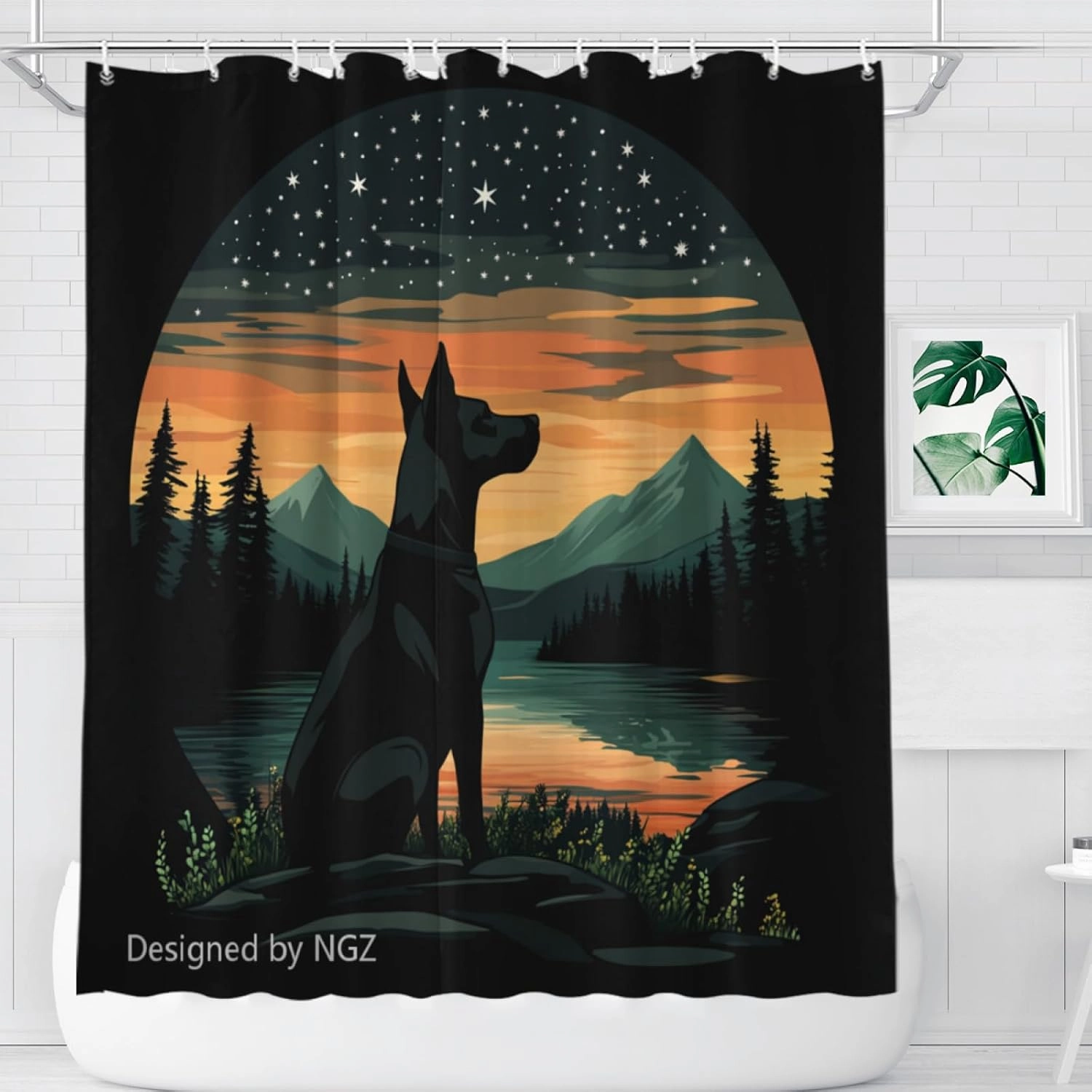 Great Dane Sunset Shower Curtain 72 x 72 Inches, Mountain Forest and Galaxy Landscape Art Shower Curtain Set with 12 Hooks for Bathroom Decor