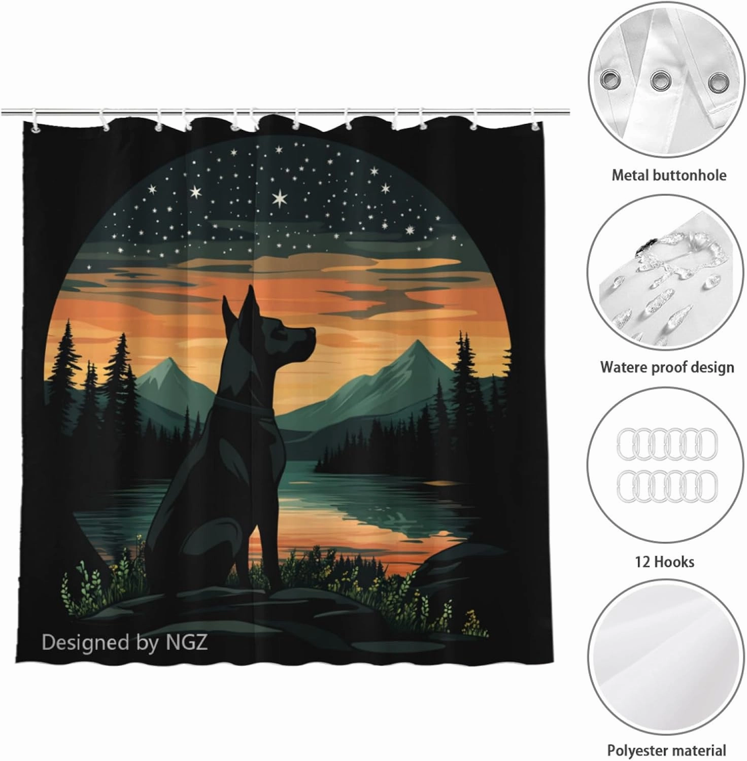 Great Dane Sunset Shower Curtain 72 x 72 Inches, Mountain Forest and Galaxy Landscape Art Shower Curtain Set with 12 Hooks for Bathroom Decor