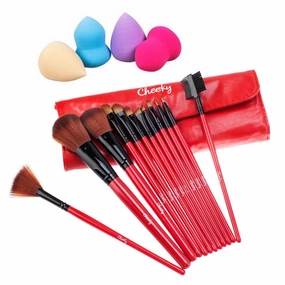 Great Value And Quality Set of 16pcs Professional Make Up Artists Accessories Application Tools With Handmade Red Wooden Brushes In Soft Foldable Etui And 4 Different Latex Free Sponges Applicators / Blenders By VAGA