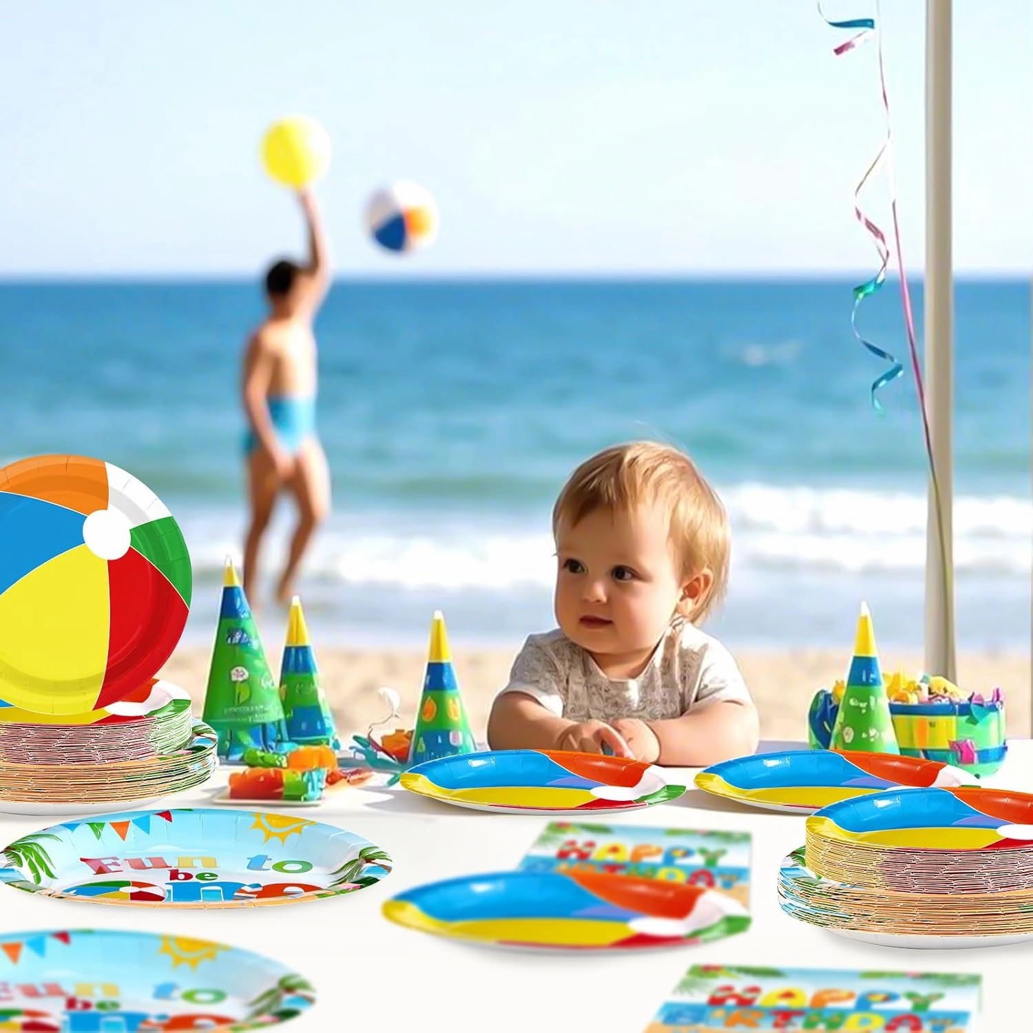 Grencian 96Pcs Beach Ball Party Supplies Summer Beach Ball 1st Birthday Plates and Napkins Tableware Sets Fun to Be One Decorations for Baby Shower Luau Pool First Birthday Party Supplies Serves 24