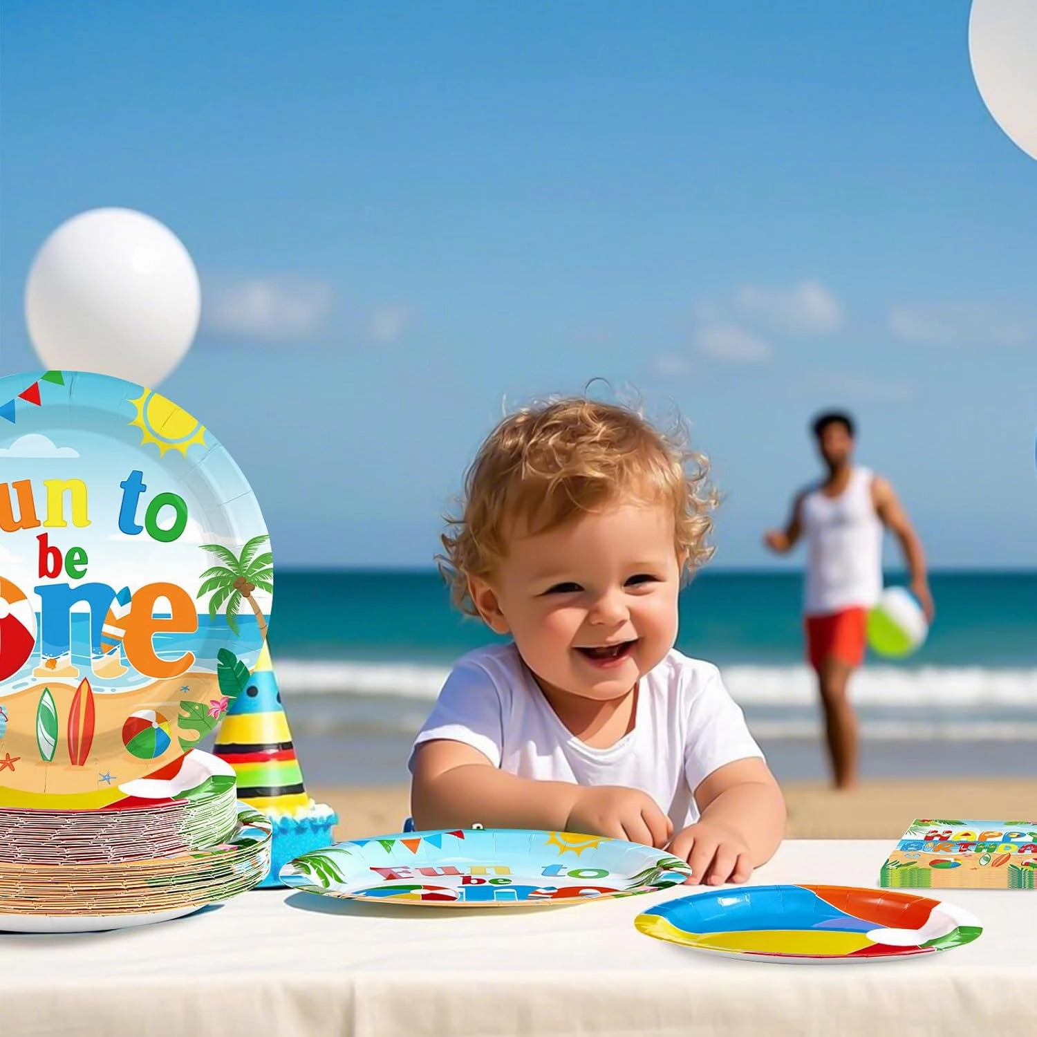 Grencian 96Pcs Beach Ball Party Supplies Summer Beach Ball 1st Birthday Plates and Napkins Tableware Sets Fun to Be One Decorations for Baby Shower Luau Pool First Birthday Party Supplies Serves 24