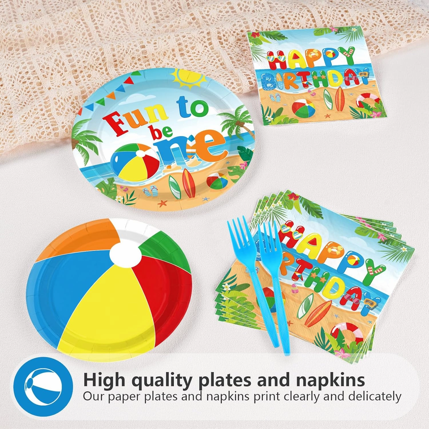 Grencian 96Pcs Beach Ball Party Supplies Summer Beach Ball 1st Birthday Plates and Napkins Tableware Sets Fun to Be One Decorations for Baby Shower Luau Pool First Birthday Party Supplies Serves 24