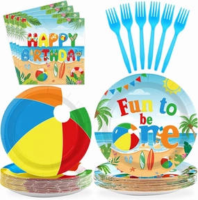 Grencian 96Pcs Beach Ball Party Supplies Summer Beach Ball 1st Birthday Plates and Napkins Tableware Sets Fun to Be One Decorations for Baby Shower Luau Pool First Birthday Party Supplies Serves 24