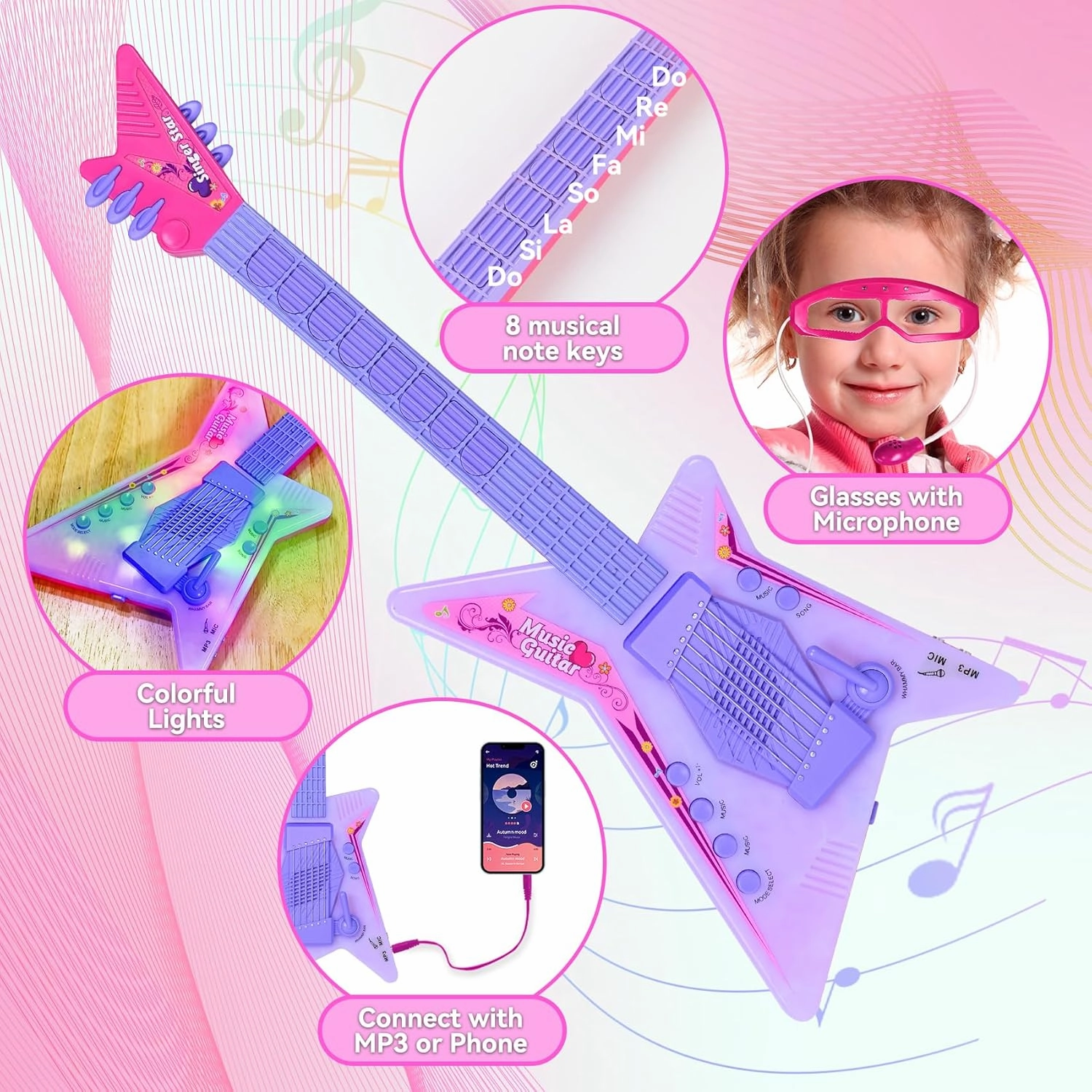 Guitar and Microphone Play Set for Girls,Kids Music Toys,Karaoke Machine with Music&Light,Music Instruments for Toddlers,Educational Toys Gift for Children