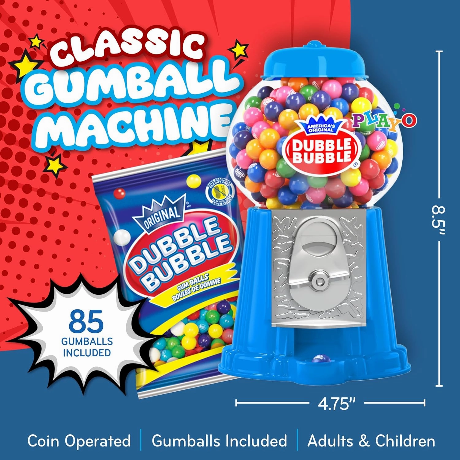 Gumball Machine for Kids 8.5" - Coin Operated Bubble Gum Machine and Toy Bank - Candy Machine Dispenser Includes 45 Gum Balls - Candy Dispenser Machine Gift Toys for Girls and Boys - 8.5" (Light Blue)