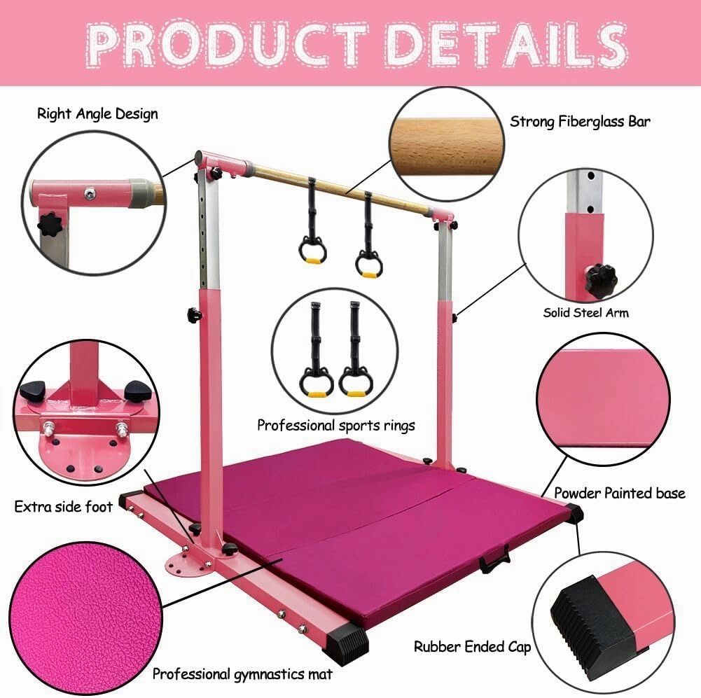 Gymnastics Kip Bar for Home Indoor Training,Horizontal Bar for Kids Girls Junior,Adjustable Arms from 3' - 5' Gym Equipment,1-4 Levels,300lbs Weight Capacity