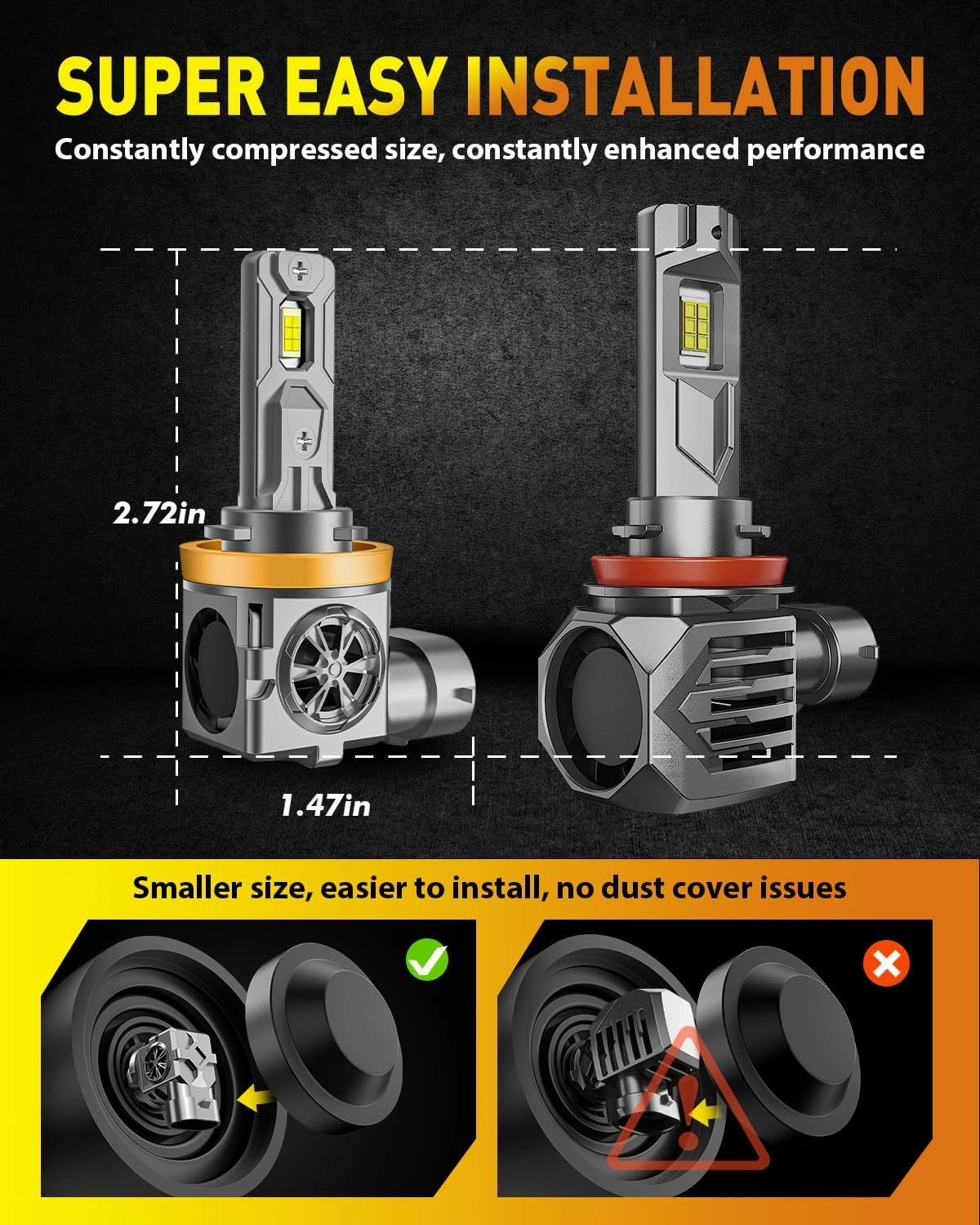H11/H9/H8/H16 LED Bulbs, 30000LM 800% Ultra-Brightness, Real 1:1 Halogen Mini Size, 10-Year Extended Lifespan, 6500K White Illumination for Automotive H11 Fog Lights, Plug and Play, Pack of 2
