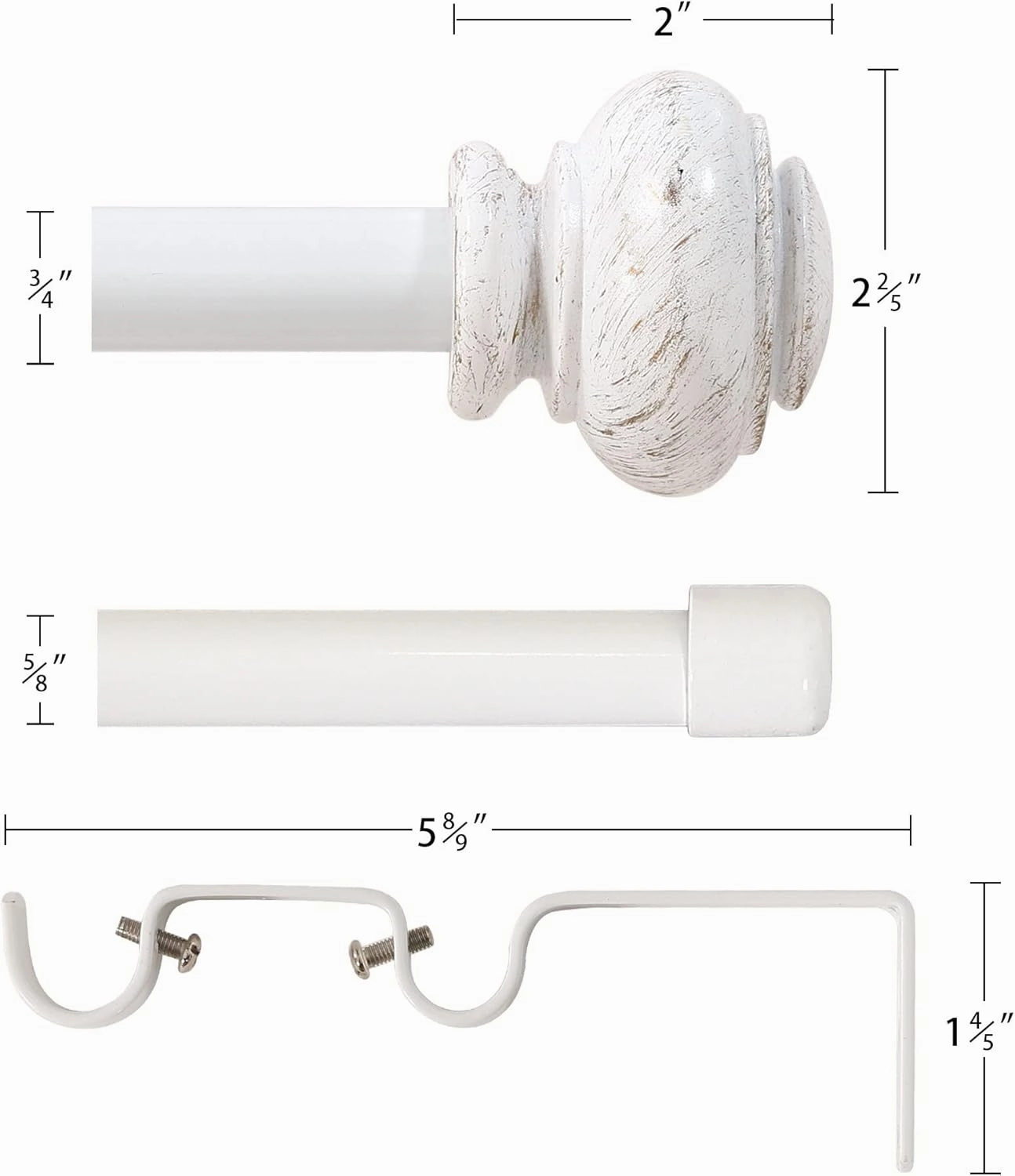 H.VERSAILTEX Elegant Window Treatment Telescoping Double Curtain Rod Set with Classic Cap, 3/4-Inch Diameter, Adjusts from 66 to 120 Inches, White