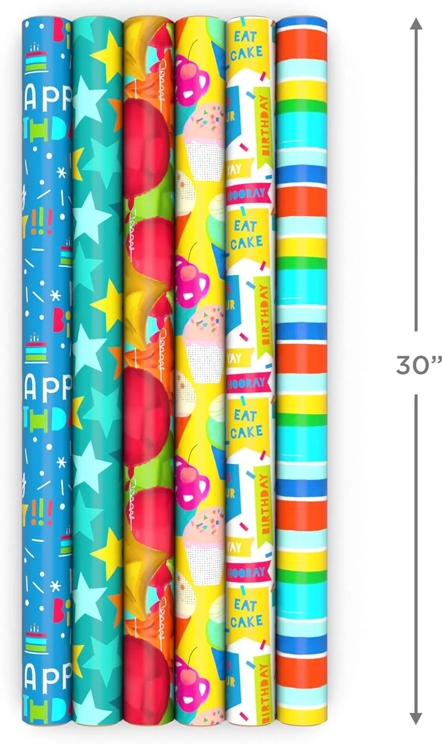 Hallmark Birthday Wrapping Paper Rolls - Stars, Stripes, Balloons, Cupcakes, "Happy Birthday" Gift Wrap Paper (Set of 6 Rolls: 180 sq. ft. ttl.)