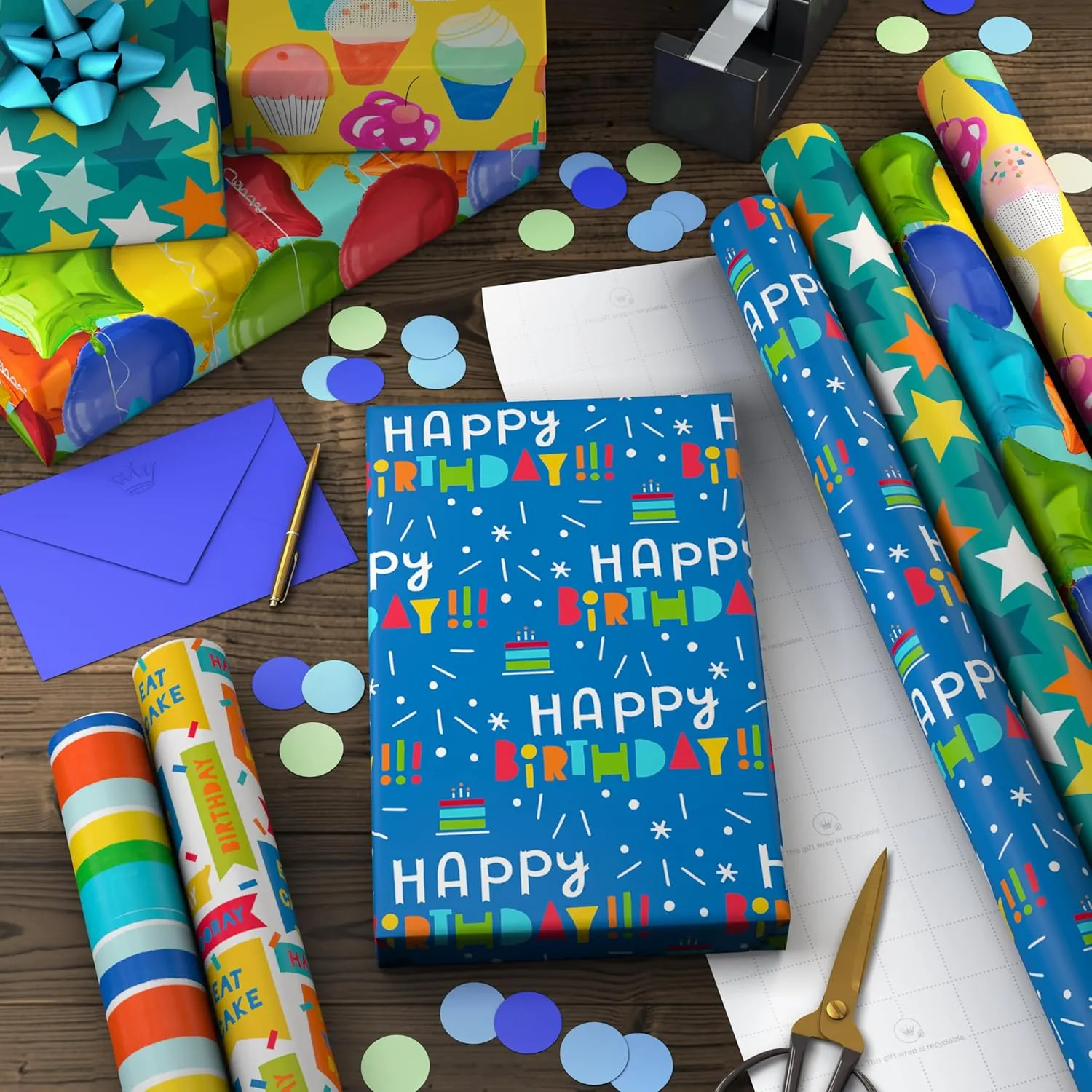 Hallmark Birthday Wrapping Paper Rolls - Stars, Stripes, Balloons, Cupcakes, "Happy Birthday" Gift Wrap Paper (Set of 6 Rolls: 180 sq. ft. ttl.)
