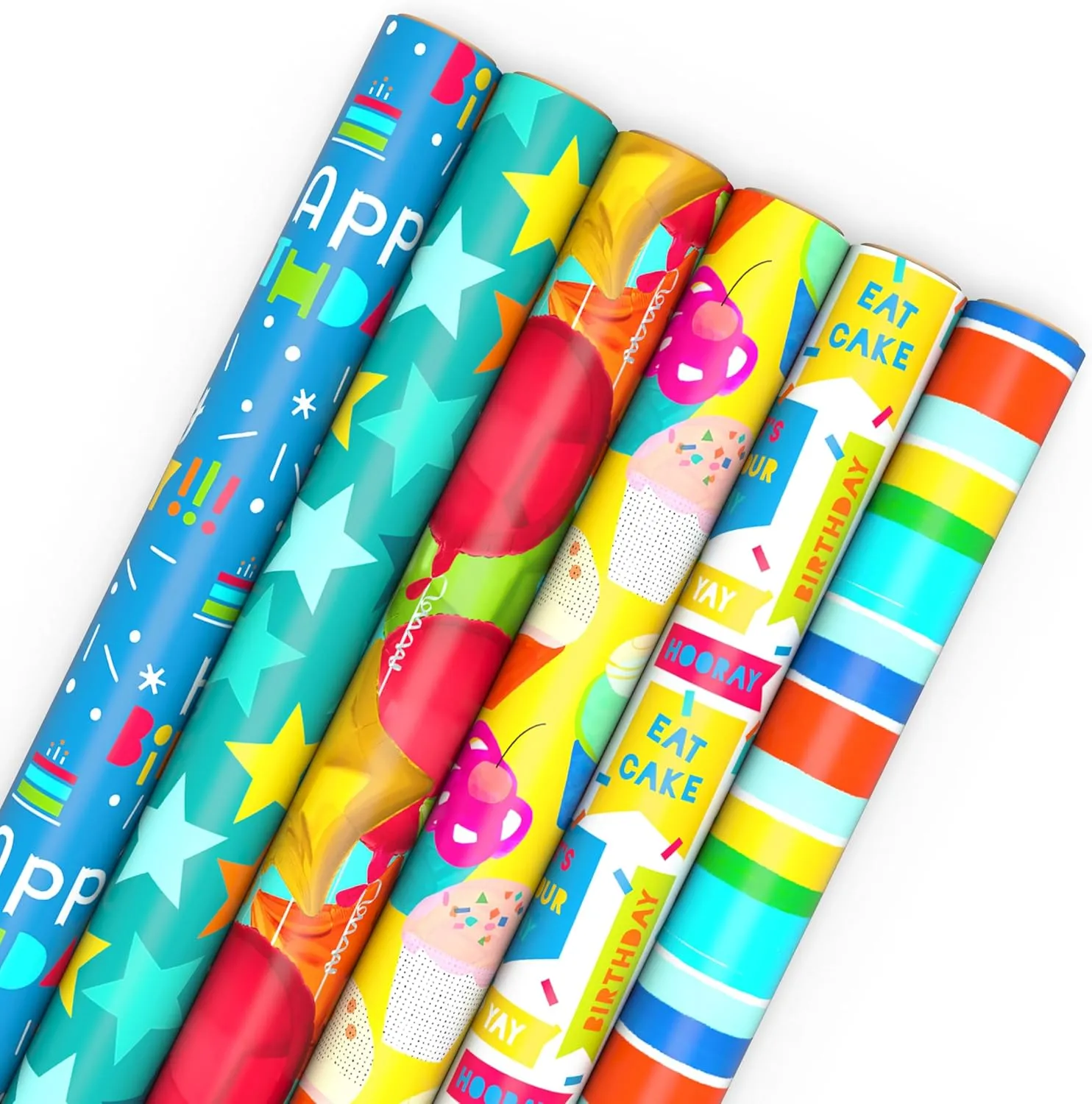 Hallmark Birthday Wrapping Paper Rolls - Stars, Stripes, Balloons, Cupcakes, "Happy Birthday" Gift Wrap Paper (Set of 6 Rolls: 180 sq. ft. ttl.)