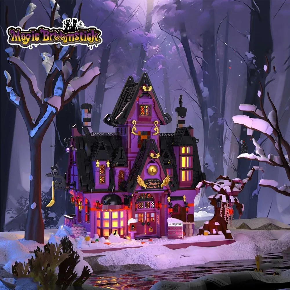 Halloween Magic Broomstick Bar Castle Building Blocks with LED,MOC Micro Mini Building Sets for Adults, Collectible Architecture Decoration(2639 Pcs)
