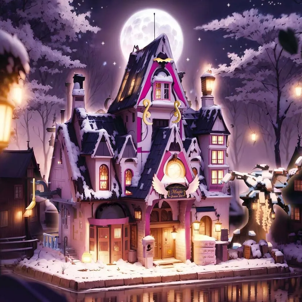 Halloween Magic Broomstick Bar Castle Building Blocks with LED,MOC Micro Mini Building Sets for Adults, Collectible Architecture Decoration(2639 Pcs)