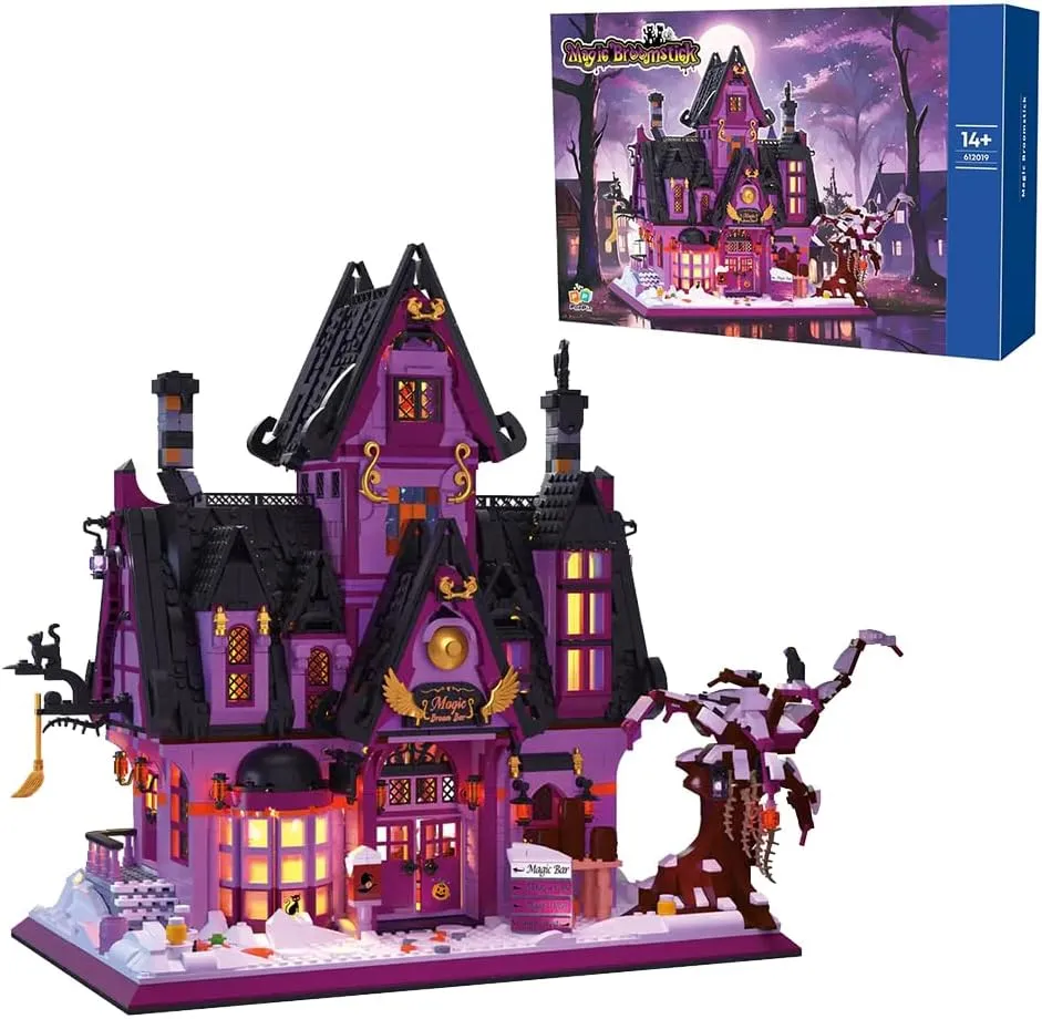 Halloween Magic Broomstick Bar Castle Building Blocks with LED,MOC Micro Mini Building Sets for Adults, Collectible Architecture Decoration(2639 Pcs)