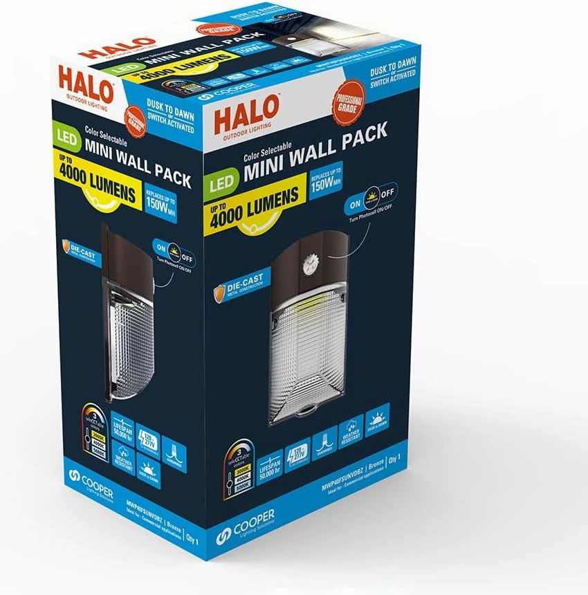 HALO 150- Watt Equivalent, Integrated LED, Bronze Finish, Dusk to Dawn Mini Wall Pack Light, Selectable CCT 3000K/4000K/5000K