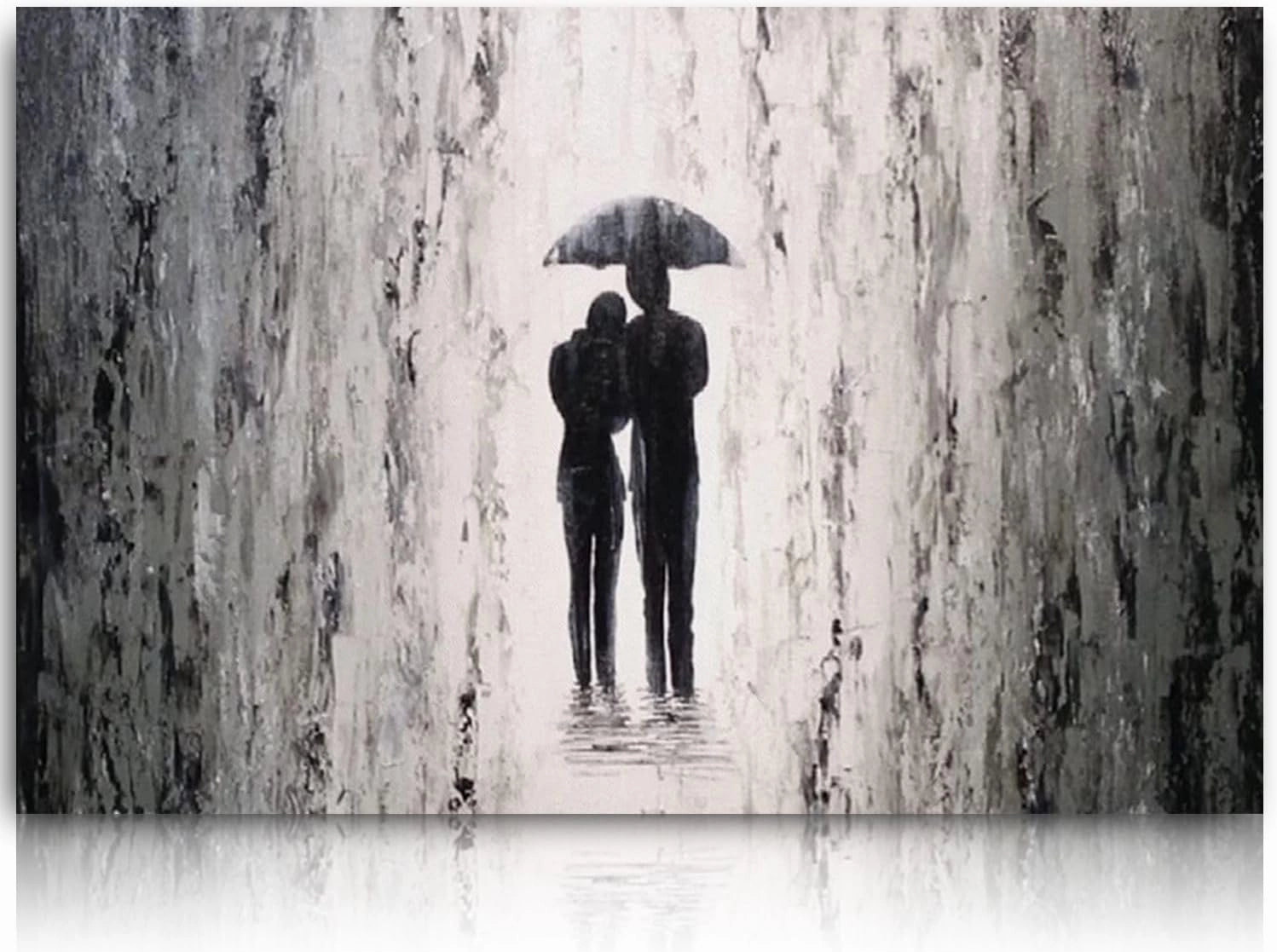 Hand Painted Romantic Couple Oil Painting Romance Of The Rainy Night Wall Art Couple Walking in The Rain Abstract Street Artwork Landscape Oil Painting On Canvas For Living Room Bedroom Decor 28"x40"