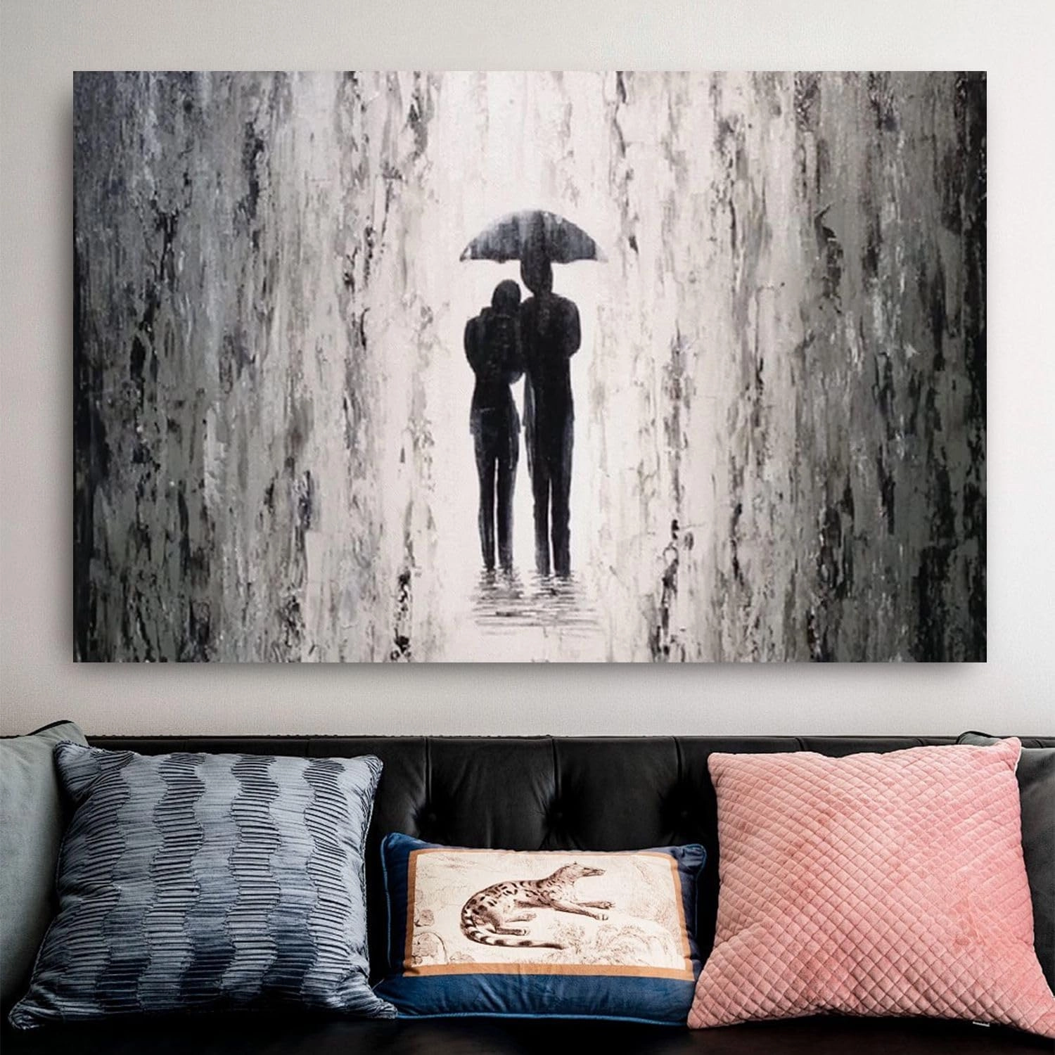 Hand Painted Romantic Couple Oil Painting Romance Of The Rainy Night Wall Art Couple Walking in The Rain Abstract Street Artwork Landscape Oil Painting On Canvas For Living Room Bedroom Decor 28"x40"