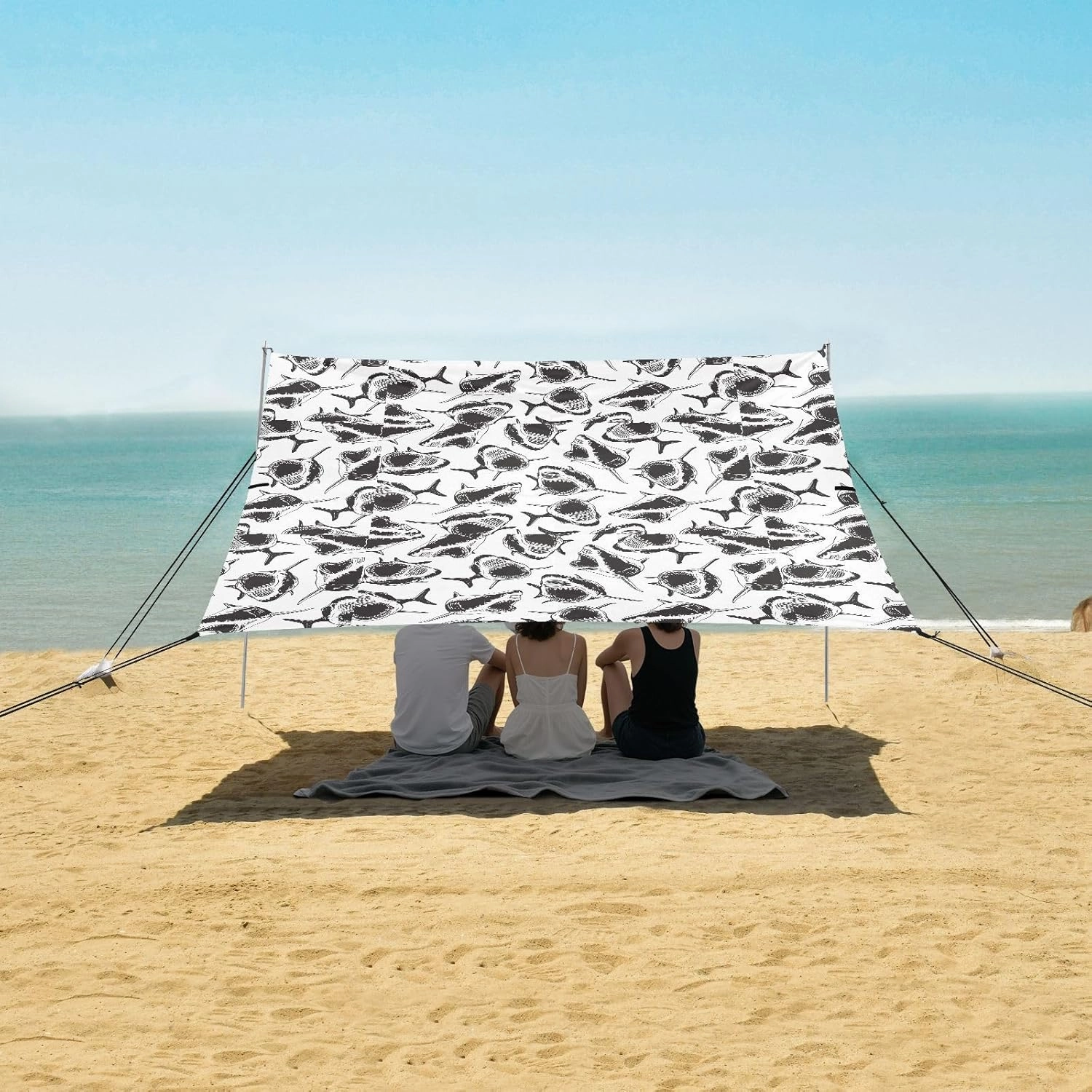 Hand Painted Sharks Beach Camping Tent Sun Shelter for Whole Family, Beach Shade Canopy with UPF50  UV Protection,Easy Set Up and Carry,Outdoor Shade for Trips, Fishing, Backyard Fun Picnics