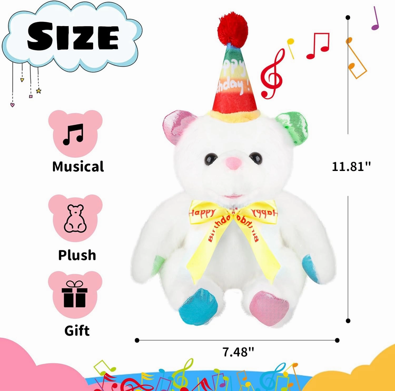 Happy Birthday Gifts Singing Teddy Bear Singing The Happy Birthday Song Plush Toy Musical Interactive Stuffed Animal Firtst Present Plush for Girls Boys 12" Yellow