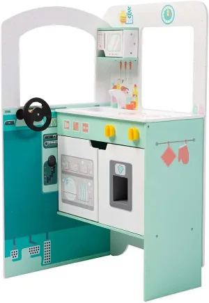 HearthSong Orders Up 4'L x 2'W x 3'H Pretend-Play Retro Wooden Food Truck Kitchen with Turning Knobs and Steering Wheel, Includes 12 Piece Wooden Culinary Play Set