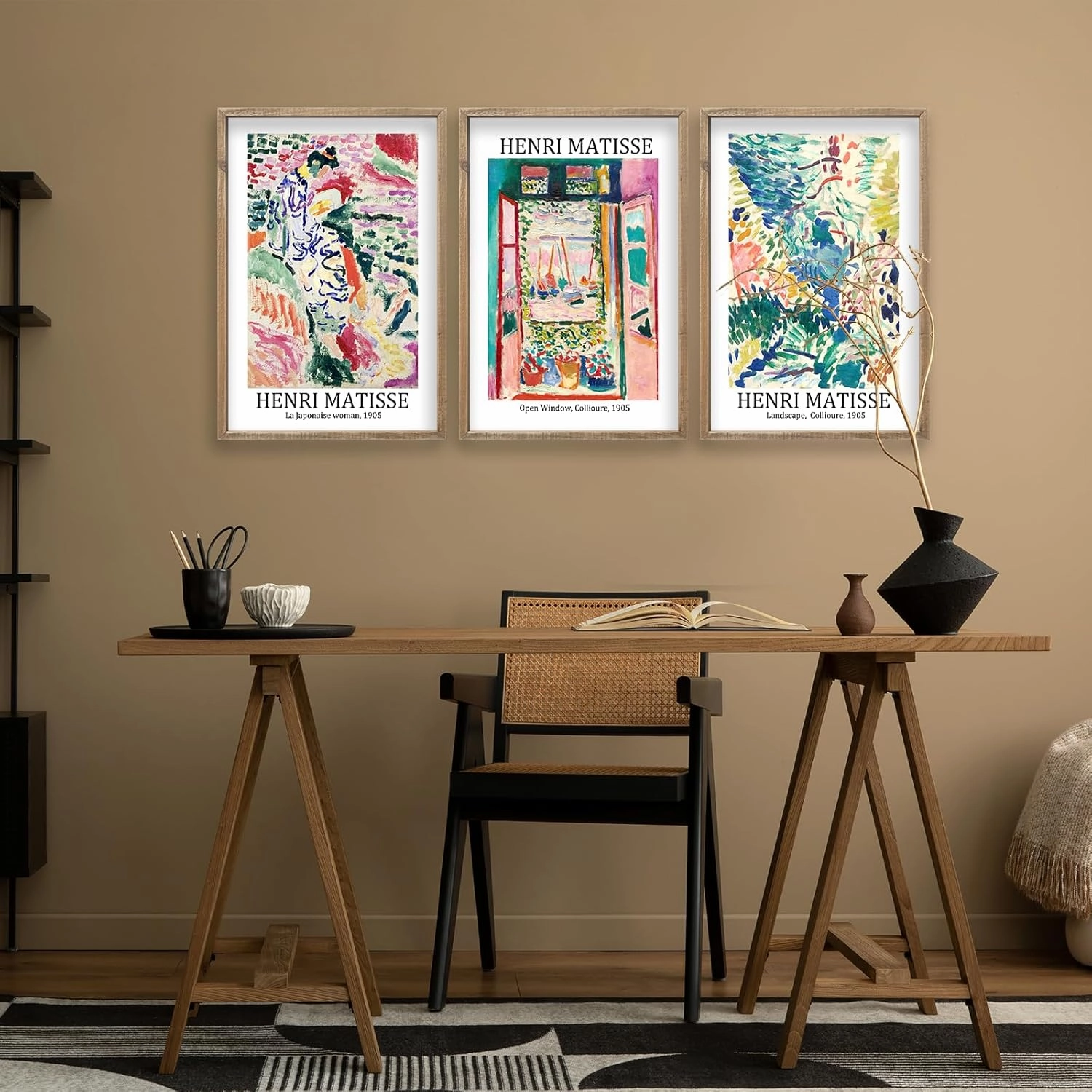 Henri Matisse Wall Art Decor Set of 3 16x24 Inch Large Rustic Farmhouse Aesthetic Wood Framed Matisse Sign Modern Home Bedroom Living Room Office Abstract Landscape Print Wall Hang (Wood)
