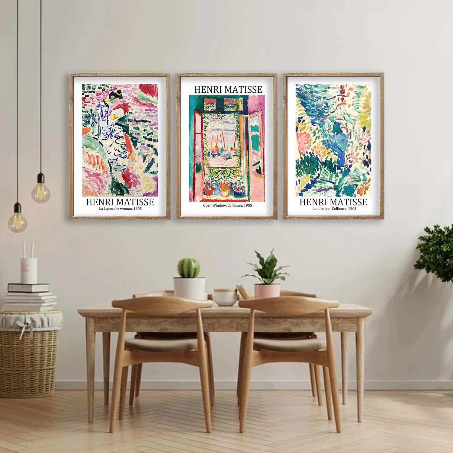 Henri Matisse Wall Art Decor Set of 3 16x24 Inch Large Rustic Farmhouse Aesthetic Wood Framed Matisse Sign Modern Home Bedroom Living Room Office Abstract Landscape Print Wall Hang (Wood)