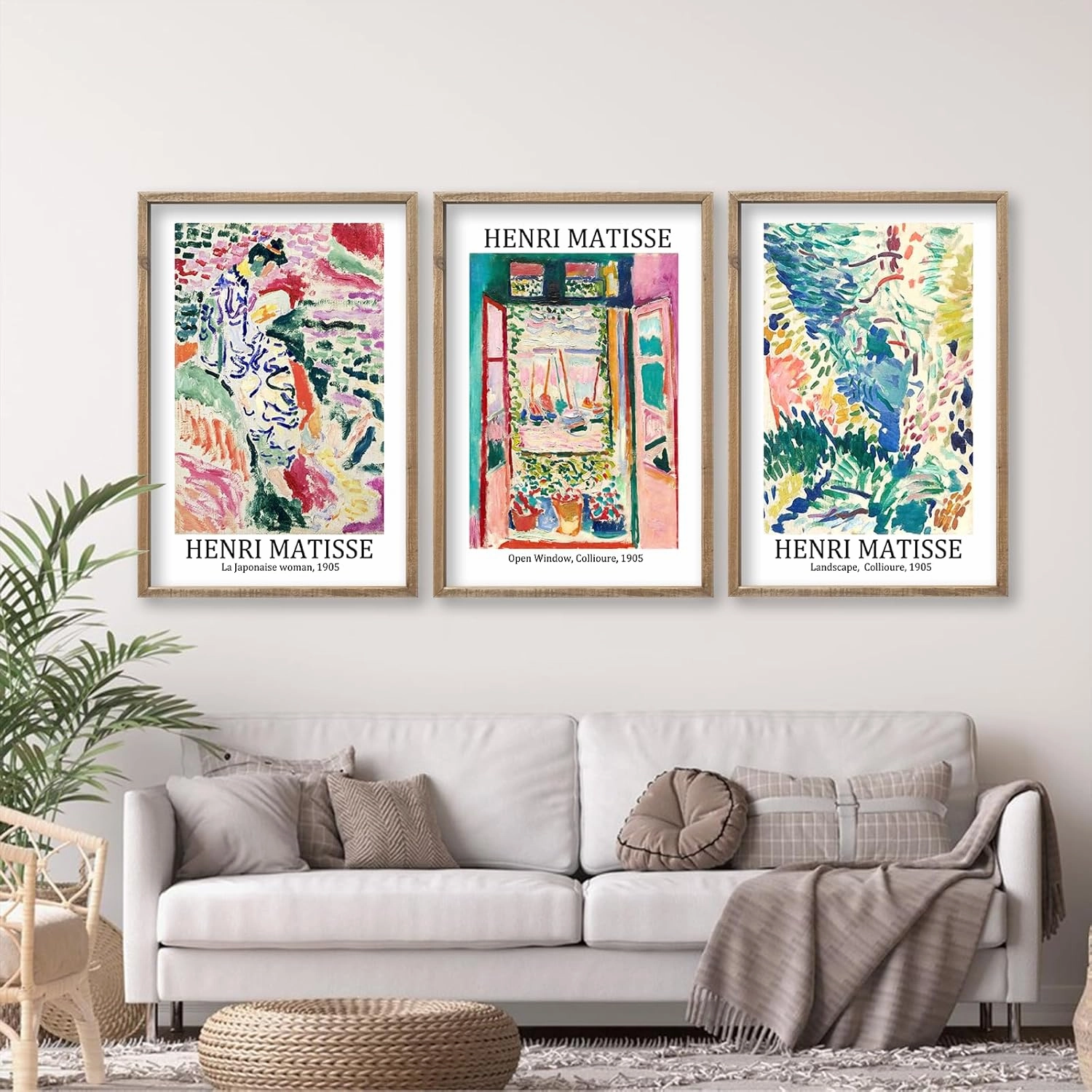 Henri Matisse Wall Art Decor Set of 3 16x24 Inch Large Rustic Farmhouse Aesthetic Wood Framed Matisse Sign Modern Home Bedroom Living Room Office Abstract Landscape Print Wall Hang (Wood)