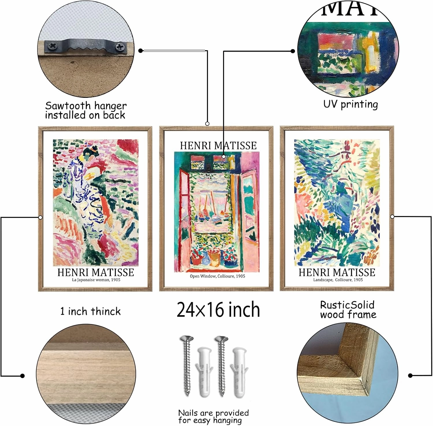 Henri Matisse Wall Art Decor Set of 3 16x24 Inch Large Rustic Farmhouse Aesthetic Wood Framed Matisse Sign Modern Home Bedroom Living Room Office Abstract Landscape Print Wall Hang (Wood)
