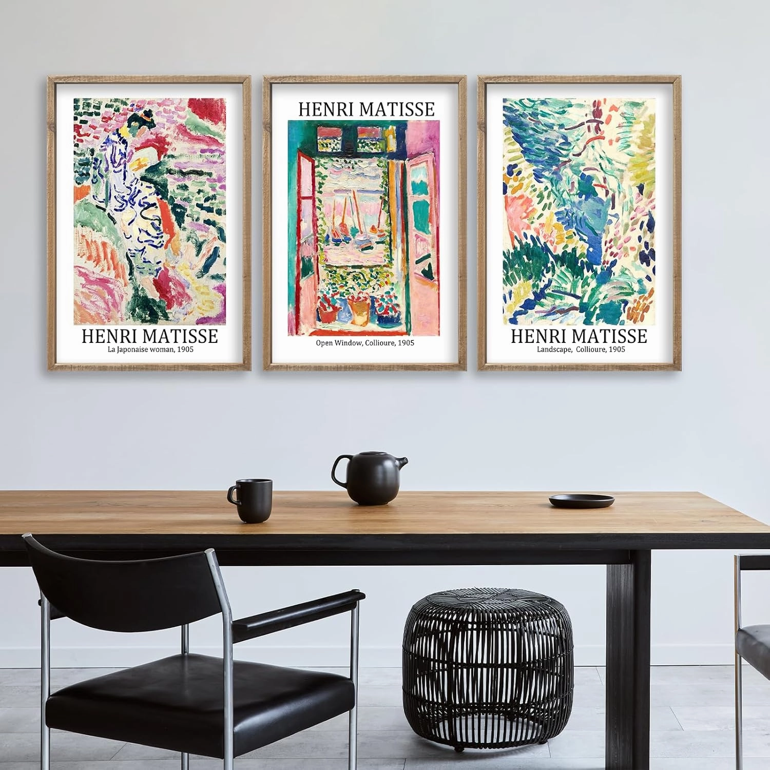 Henri Matisse Wall Art Decor Set of 3 16x24 Inch Large Rustic Farmhouse Aesthetic Wood Framed Matisse Sign Modern Home Bedroom Living Room Office Abstract Landscape Print Wall Hang (Wood)