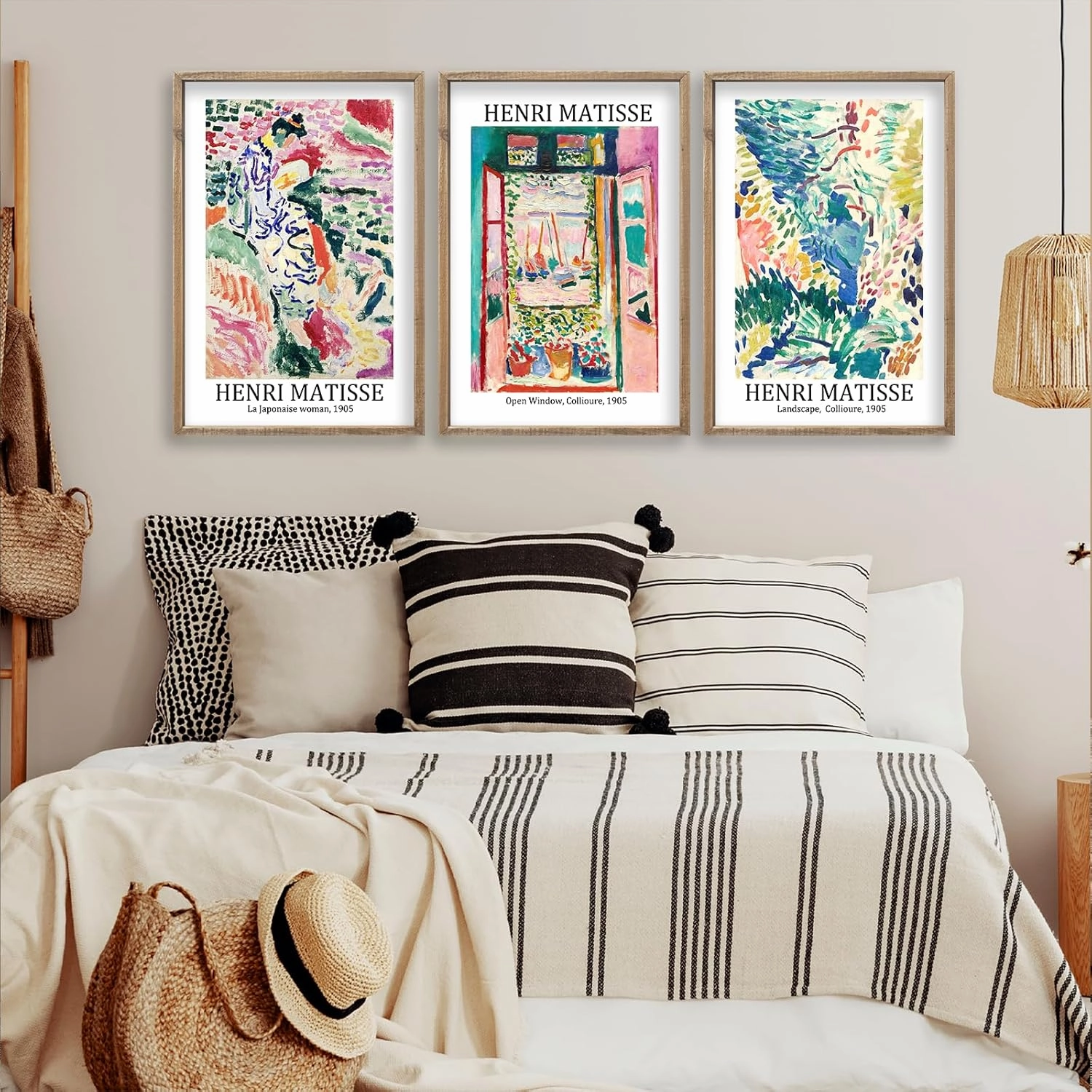 Henri Matisse Wall Art Decor Set of 3 16x24 Inch Large Rustic Farmhouse Aesthetic Wood Framed Matisse Sign Modern Home Bedroom Living Room Office Abstract Landscape Print Wall Hang (Wood)